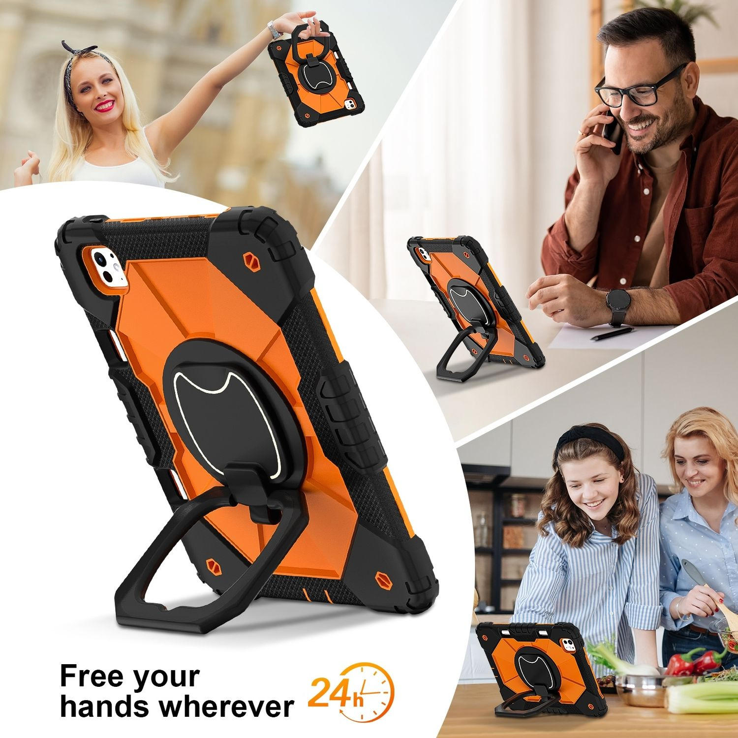 Mehrere Bilder zeigen eine orangefarbene und schwarze Tablettasche mit Ständer. Text: „Befreie deine Hände, wo immer du bist“.