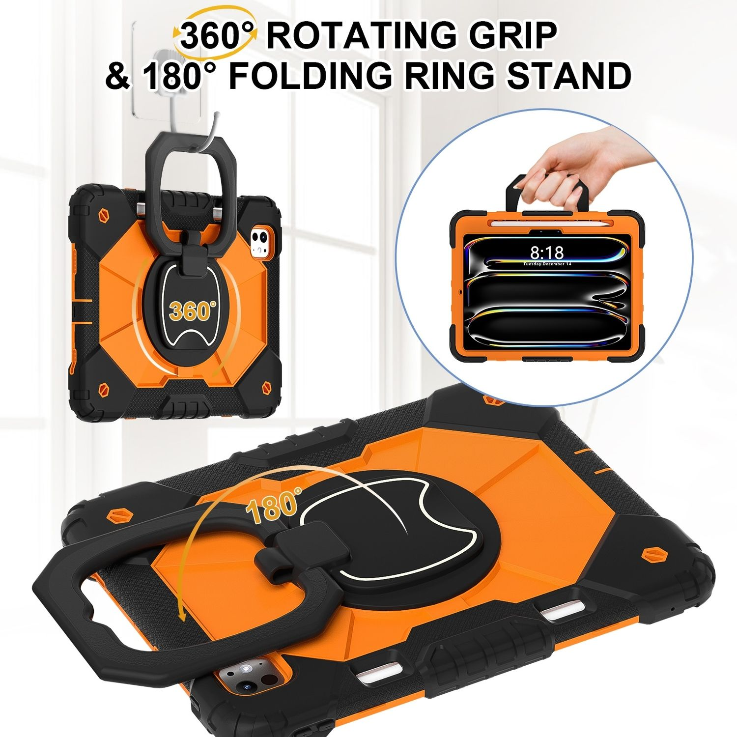 Tablet-Hülle mit drehbarem Griff und Ringständer. Sie ist schwarz und orange.