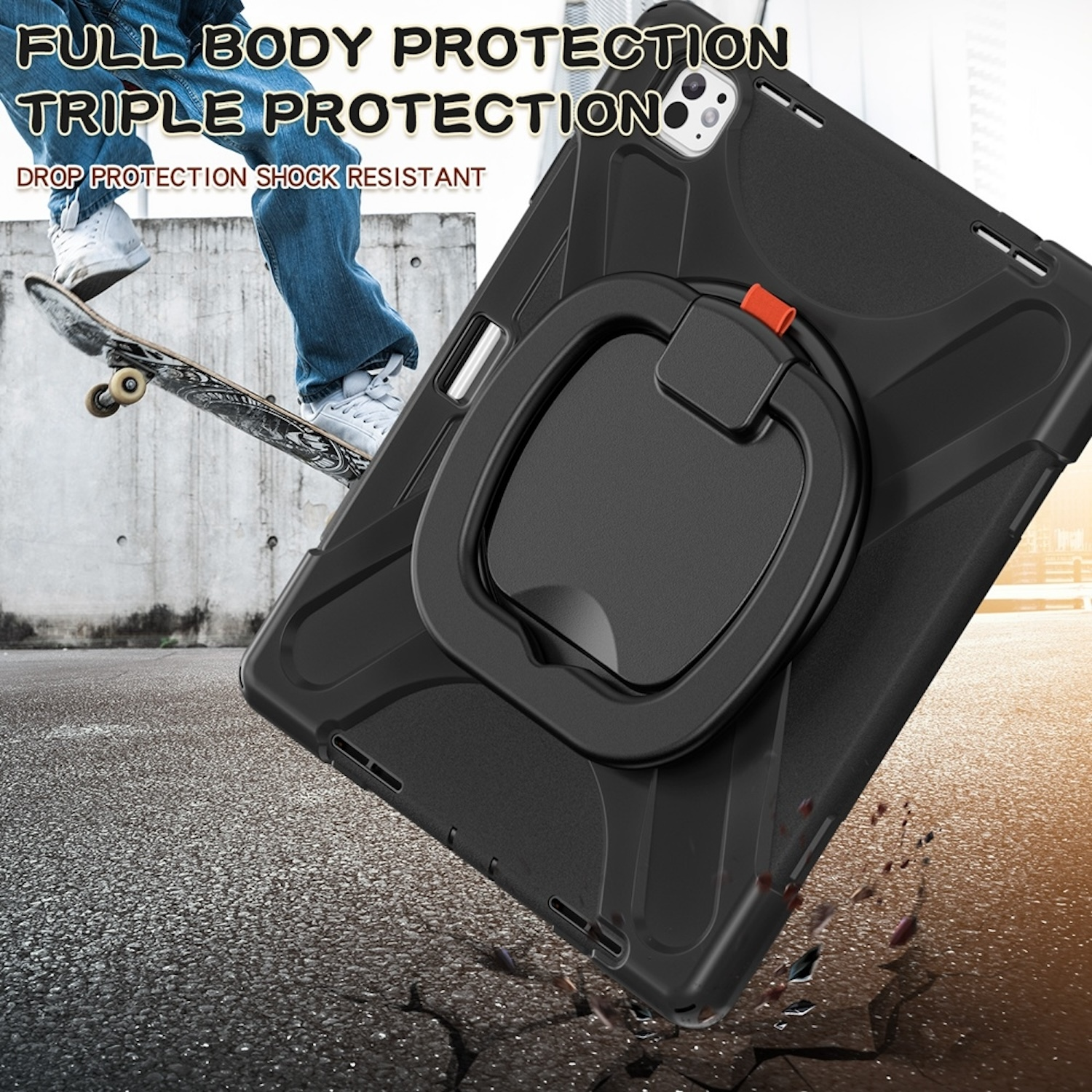 Una persona en una patineta con una funda para tableta. Texto: "Protección completa del cuerpo Triple protección".