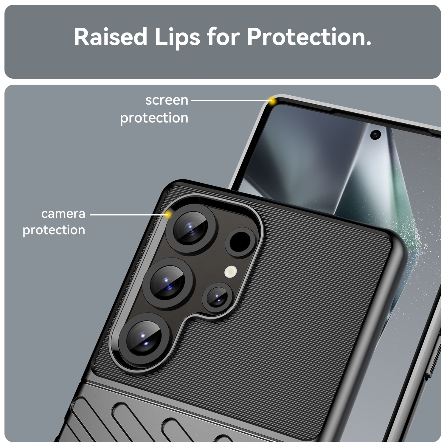 Primer plano de una funda negra para teléfono con protección de cámara. Texto: "Labios levantados para protección".