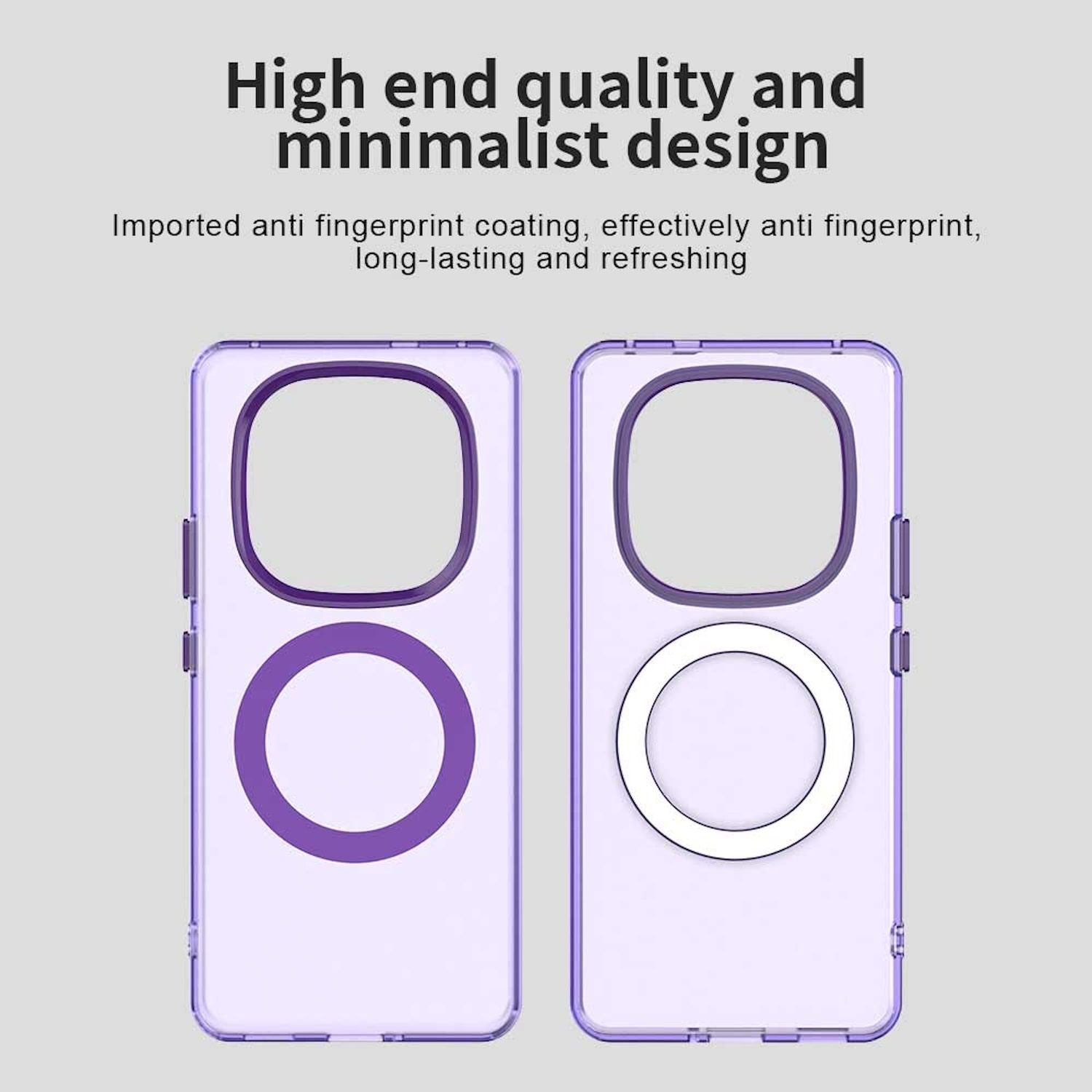 Dos fundas moradas para teléfono. Texto: "Calidad de alta gama y diseño minimalista".