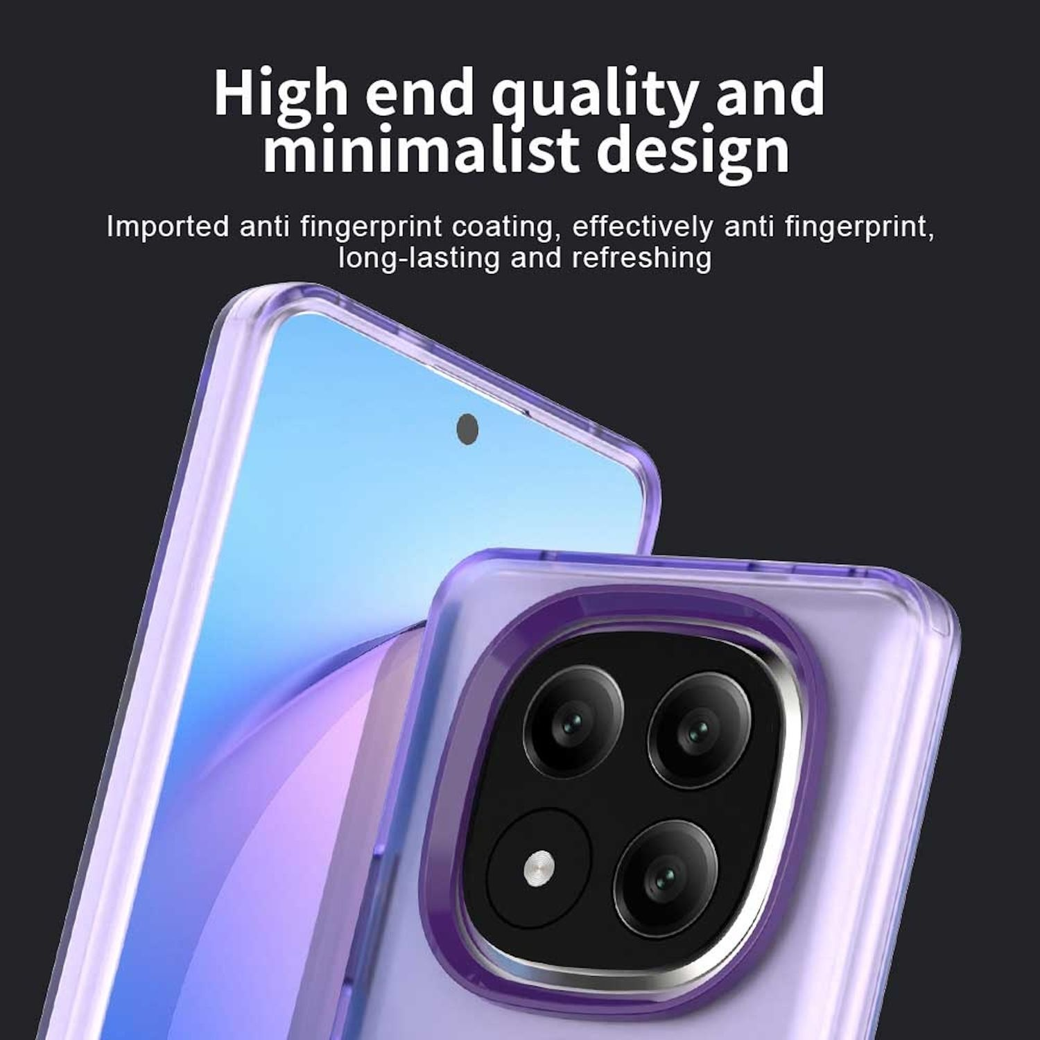 Primer plano de una funda de teléfono con marco morado y diseño de cámara.