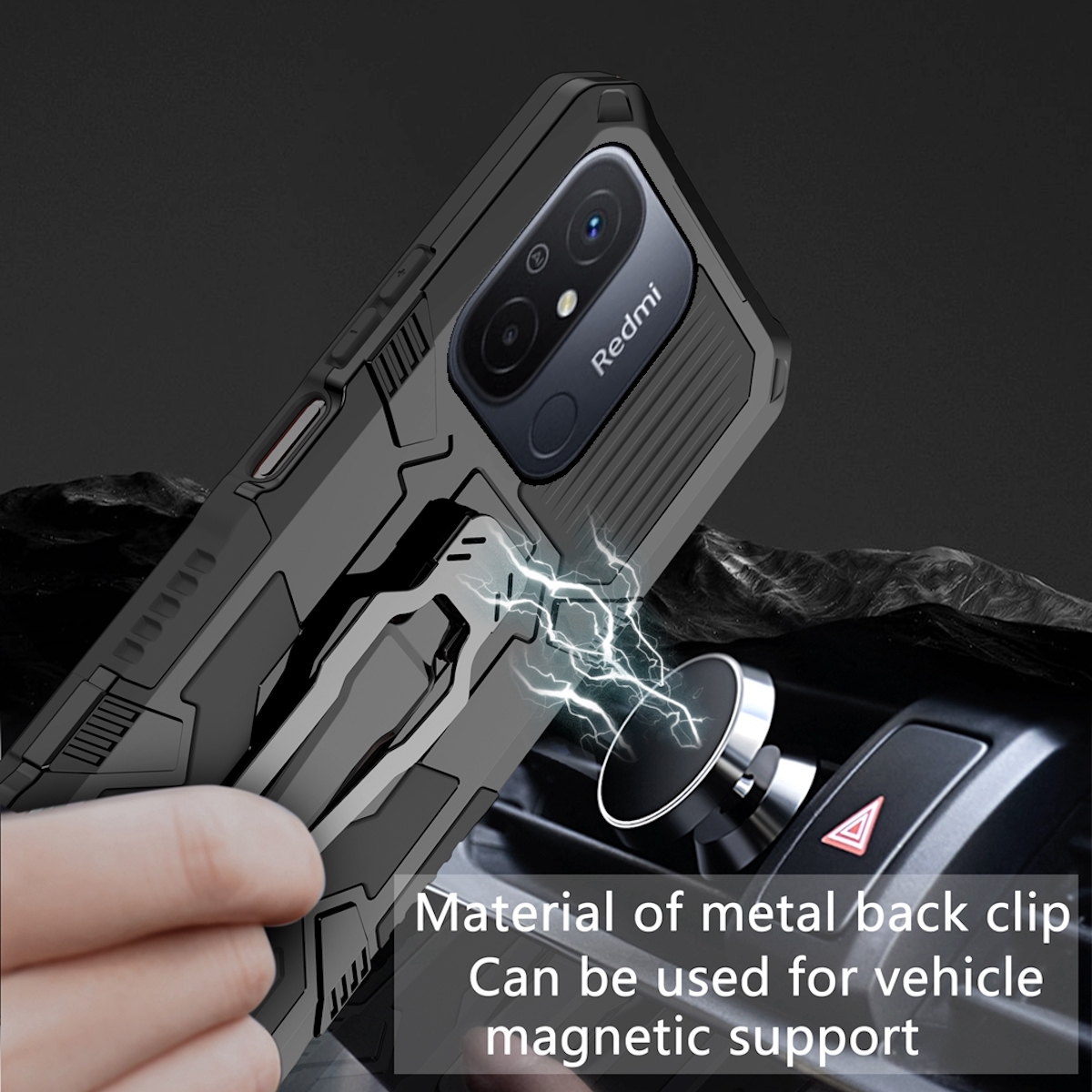 Schwarze Handyhülle auf dunklem Hintergrund, Telefon mit Redmi-Logo und magnetische Autohalterung.