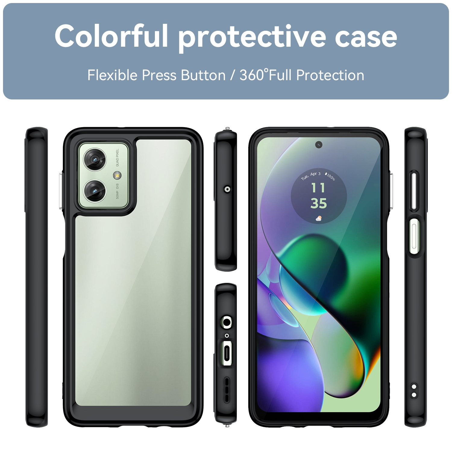 Handyhülle, Vorder- und Seitenansicht. Text: 'Colorful protective case' mit schwarzem Rahmen.