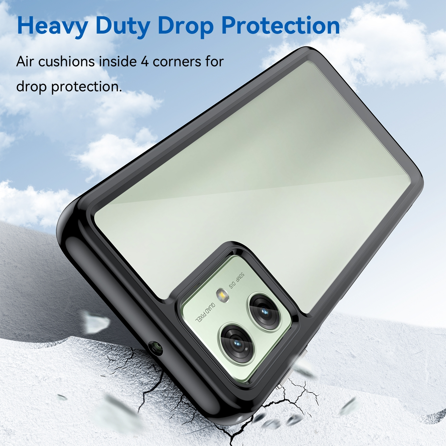 Schwarze Handyhülle auf weißer Oberfläche. Text: 'Heavy Duty Drop Protection' und 'Air cushions inside'.