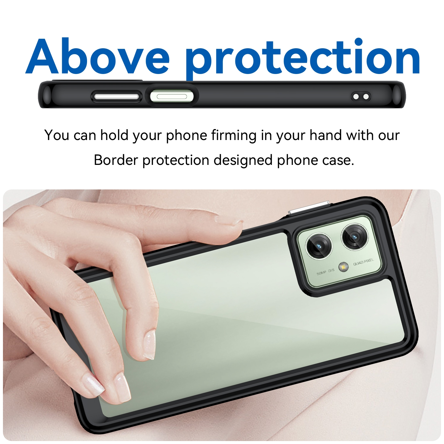 Hand hält Handyhülle. Text: 'Above protection'. Sichtbares Telefon mit Hülle.