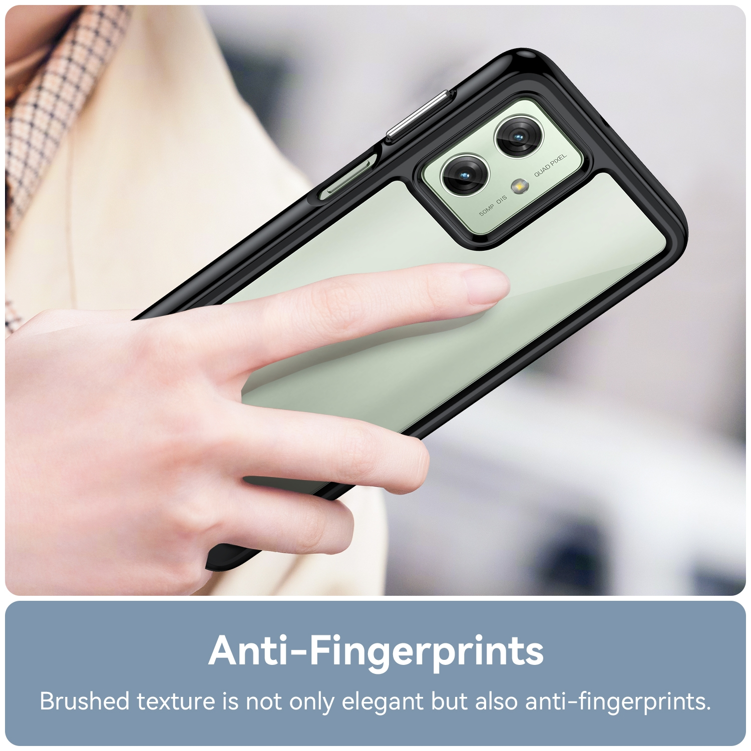 Hand, die ein Telefon in einer schwarzen Hülle hält. Die Hülle hat ein grünes Innere.