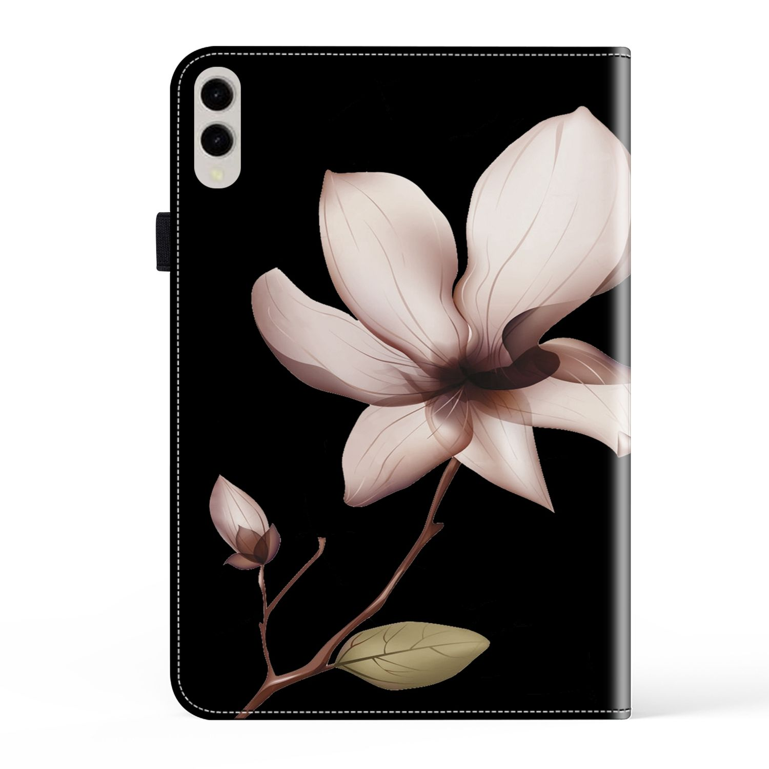 Schwarzes Handyhüllen-Portemonnaie mit Blumendesign. Magnolienblüten-Illustration. Geöffnet, mit Telefon.