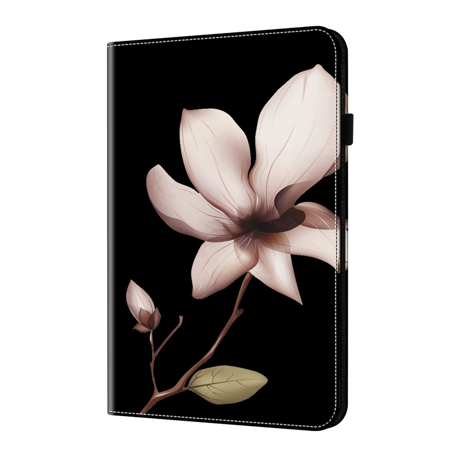 Schwarze Handyhülle mit weißen Nähten und floralem Design auf der Vorderseite.