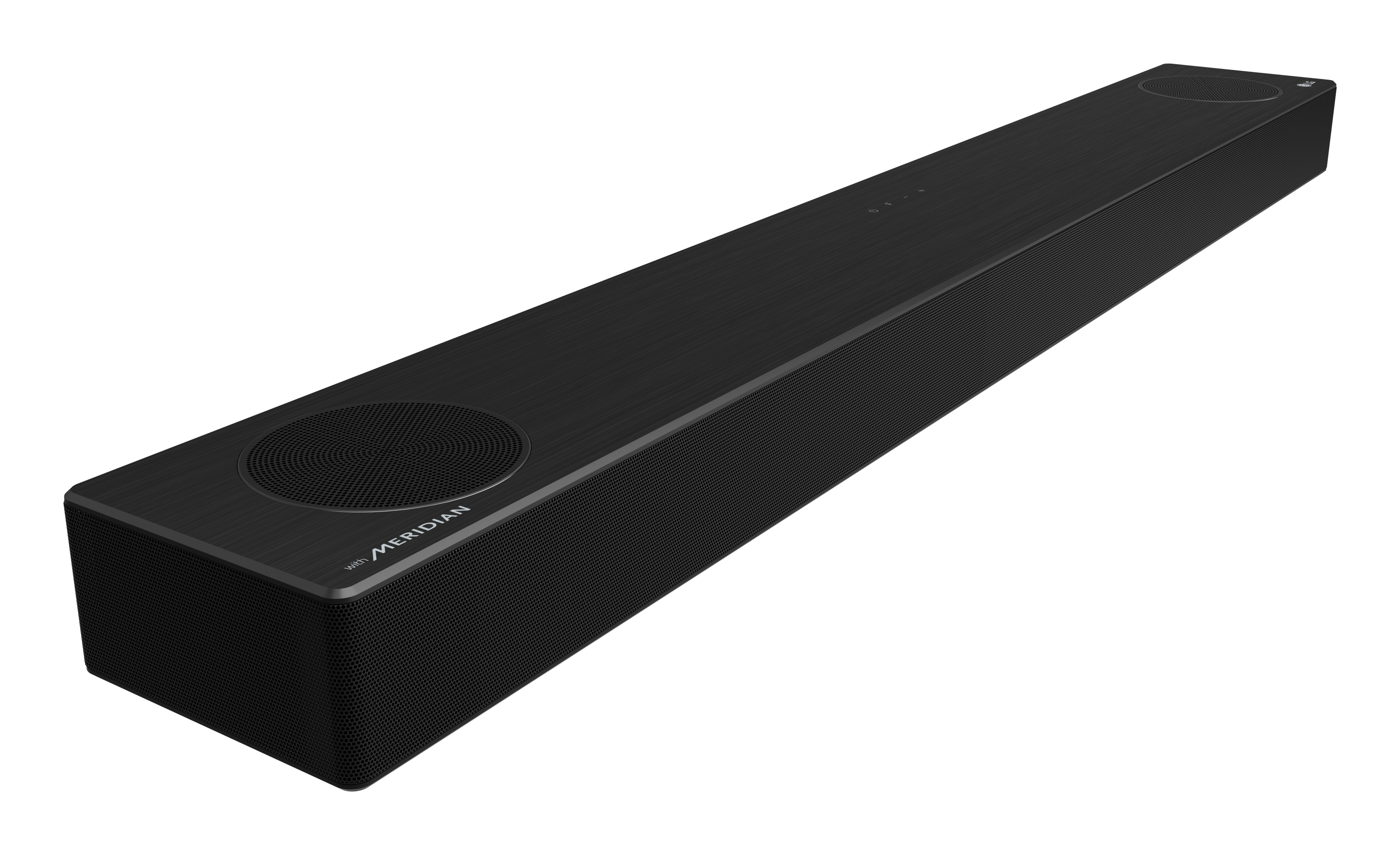 Schwarze Soundbar mit runden Lautsprechern an jedem Ende. Mesh-Lautsprecherabdeckung. Weißer Hintergrund.