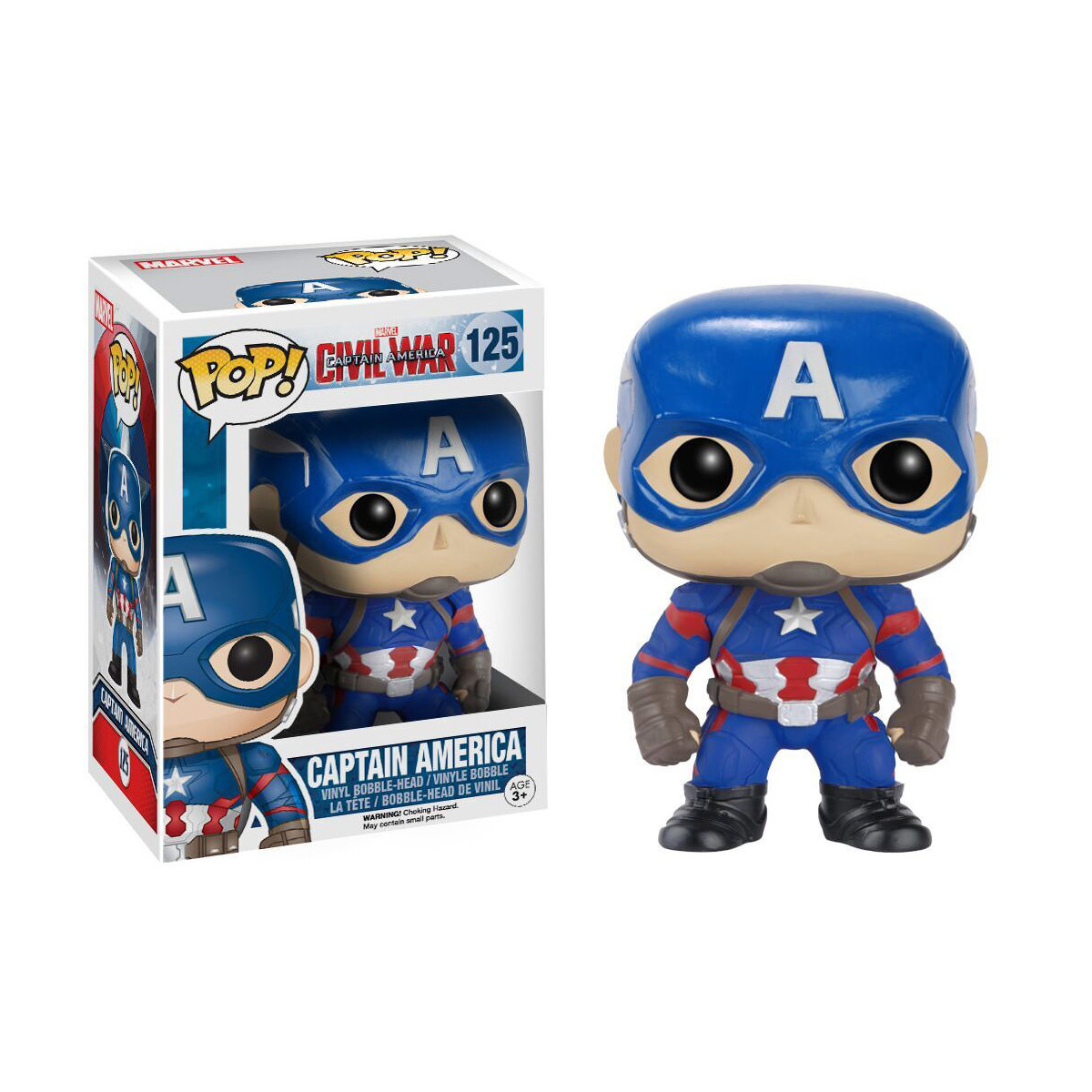 Figurka Captain America Pop w pudełku i poza nim. Figurka jest niebieska, czerwona i biała, ma hełm i tarczę.