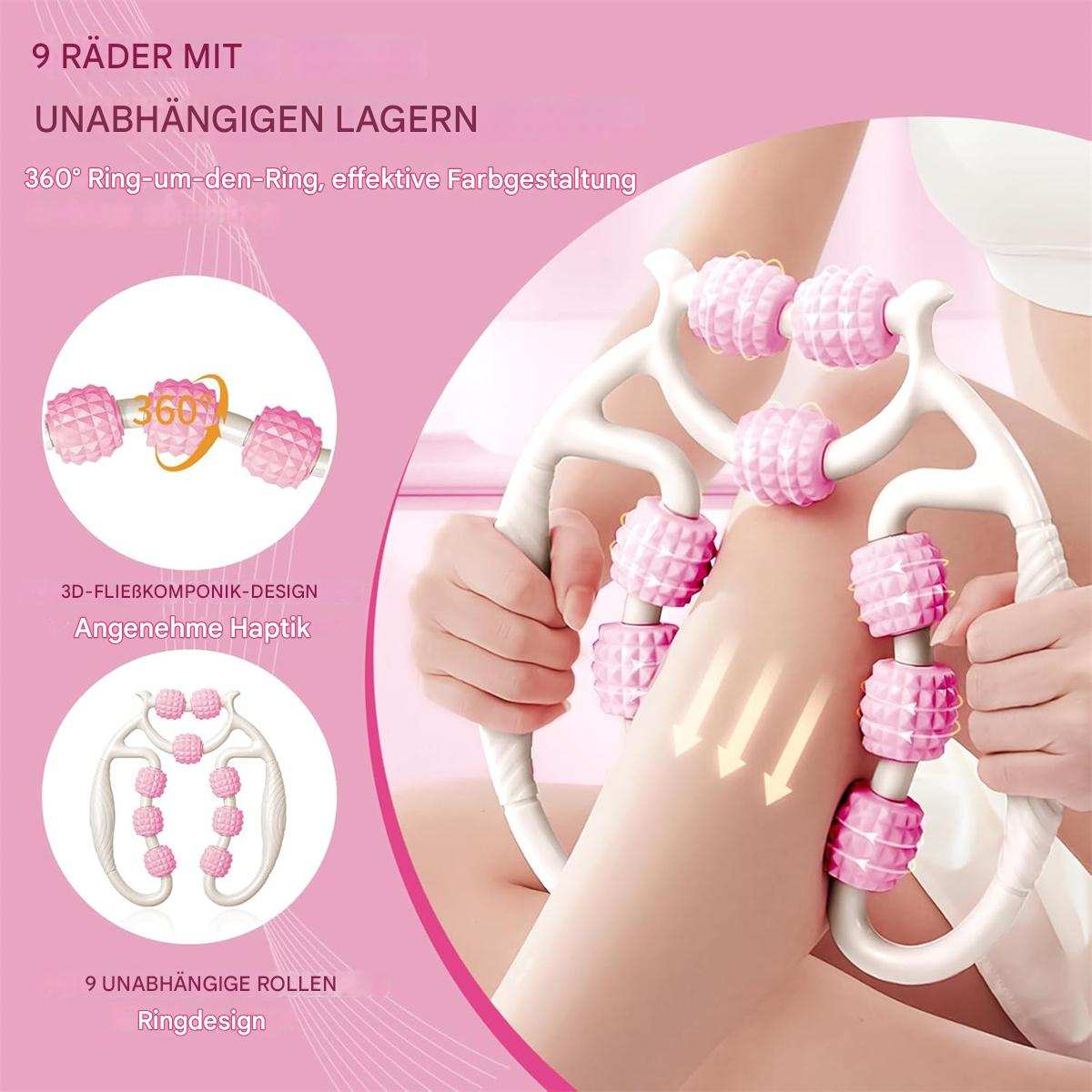 Eine Person benutzt eine rosa Massagerolle. Die Rolle ist weiß mit rosa Rollen.