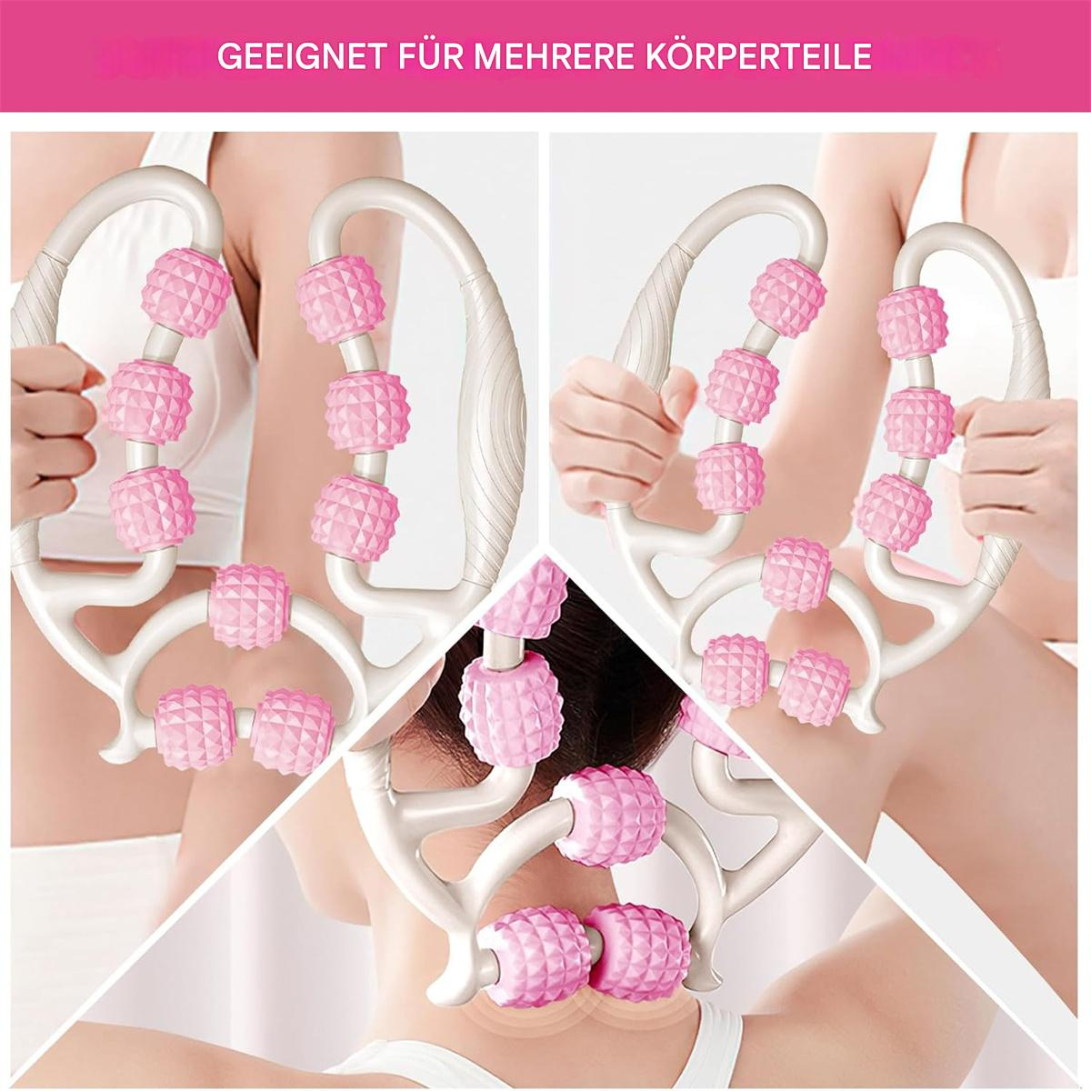 Nahaufnahmen eines rosa Massage-Werkzeugs mit Rollen, mit verschiedenen Anwendungen am Körper.