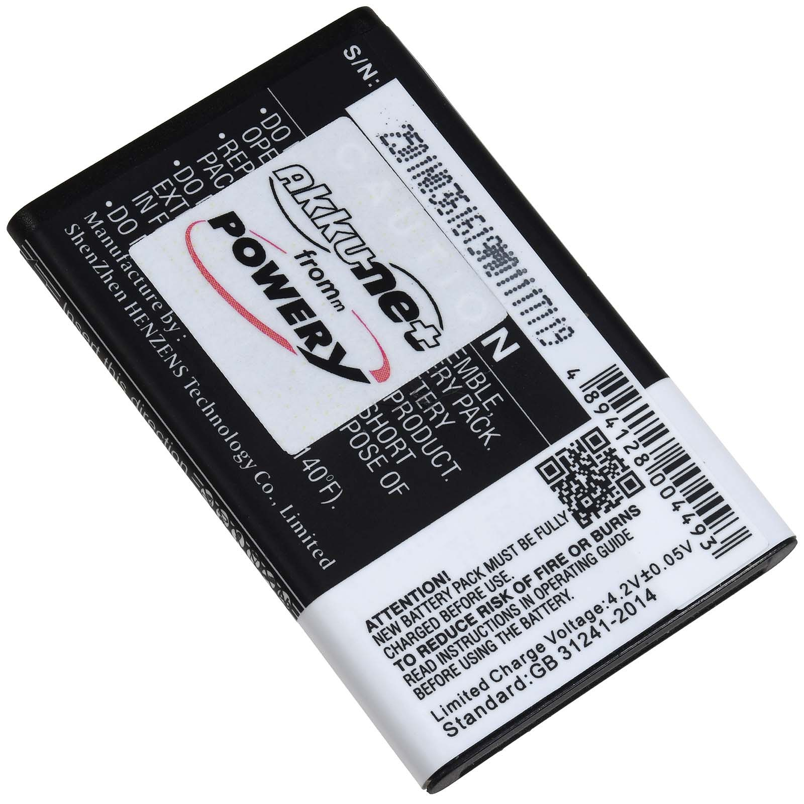 Batería negra con texto blanco. La marca es 'AkkuNet'. Contiene advertencias de seguridad y un código QR.