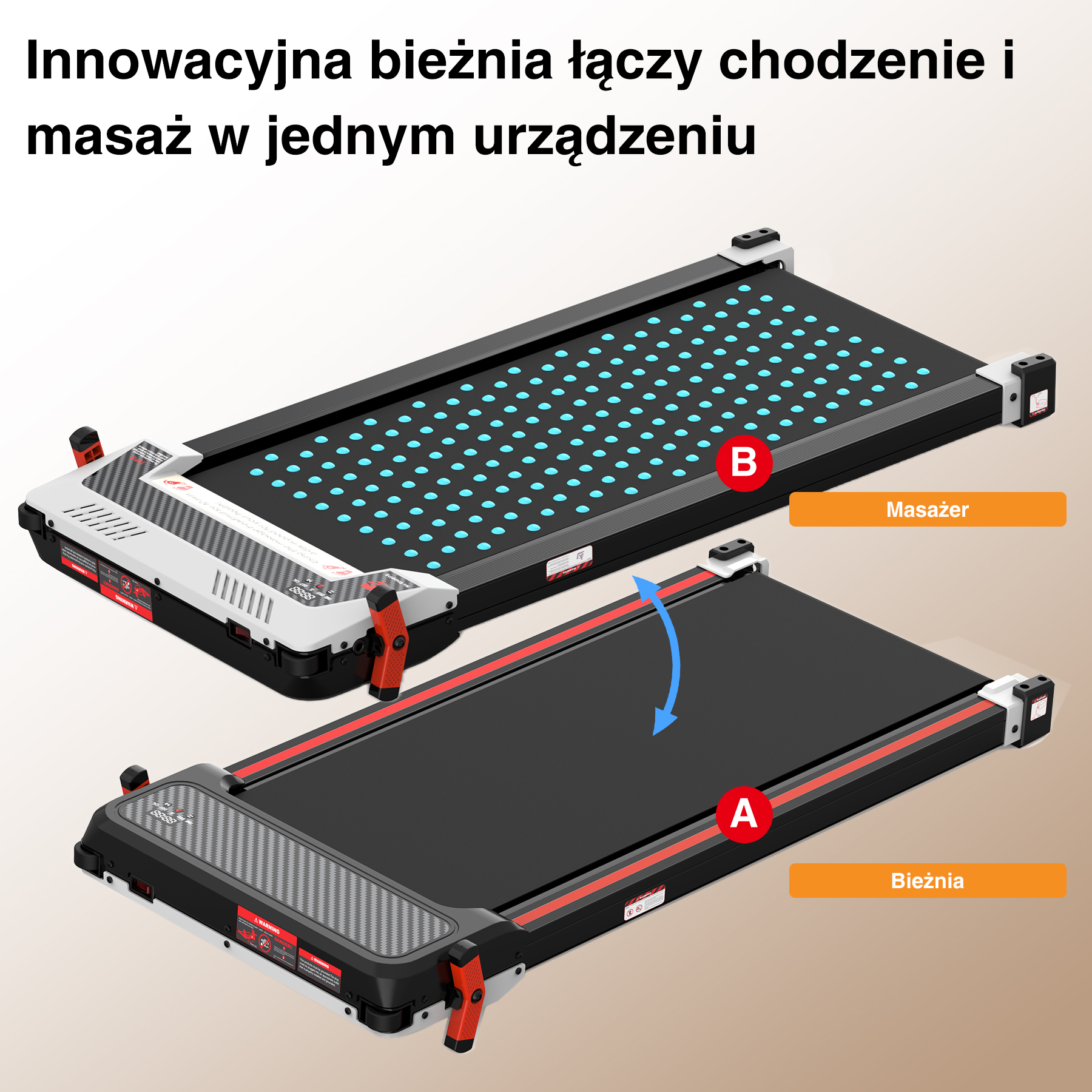 Bieżnia z funkcją masażu. Góra: powierzchnia do masażu. Dół: powierzchnia do biegania. Tekst: Innowacyjna bieżnia łączy chodzenie i masaż.