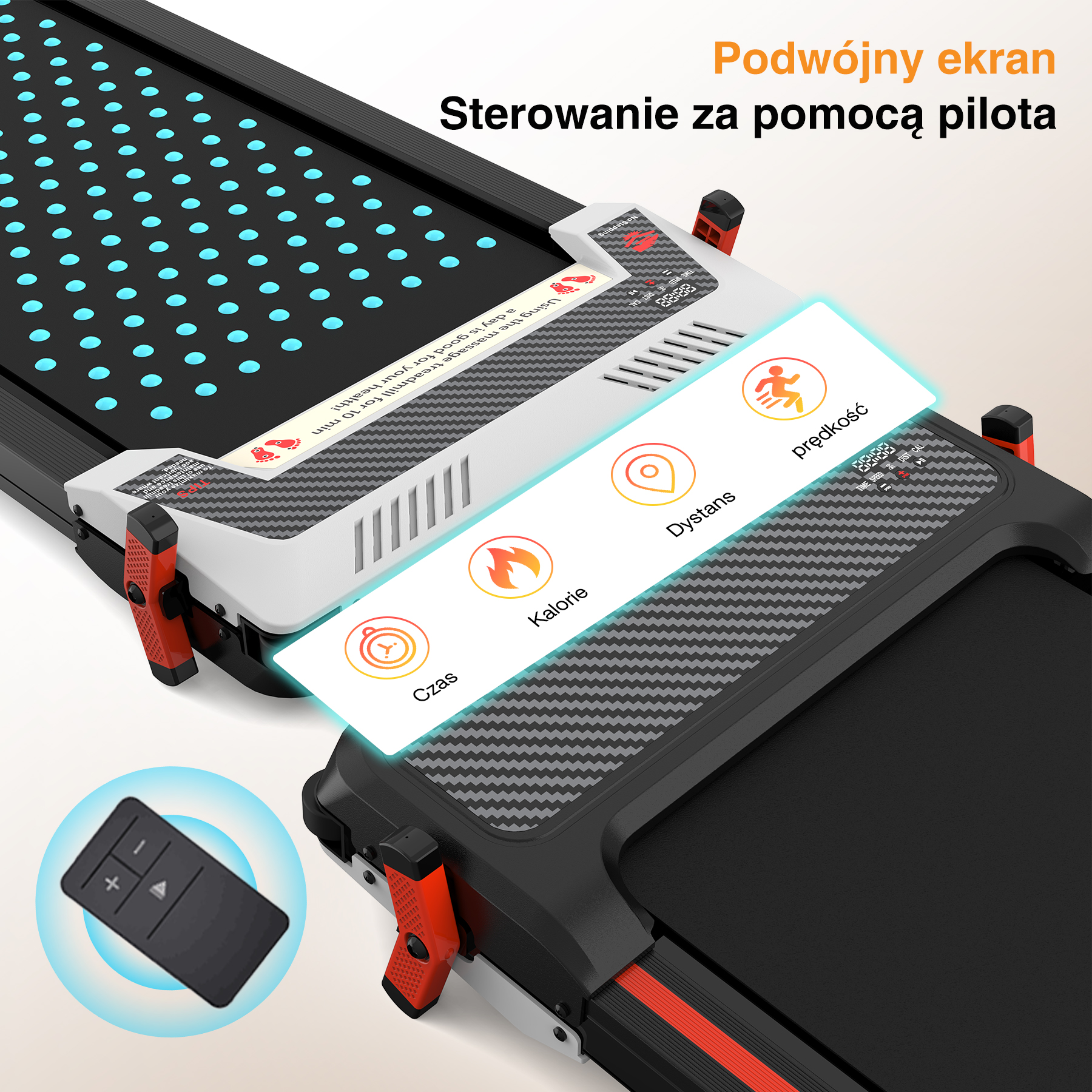 Zbliżenie wyświetlacza bieżni i pilota. Wyświetlacz pokazuje czas, kalorie, dystans, prędkość. Tekst: Sterowanie za pomocą pilota.