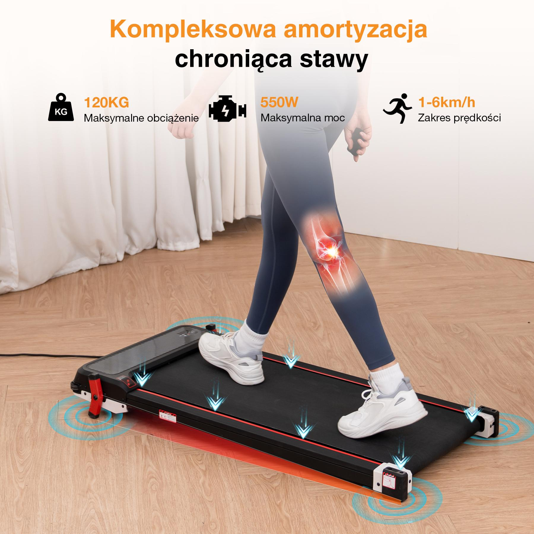 Osoba na bieżni. Wyświetla: 120KG max. obciążenie, moc 550W, prędkość 1-6km/h. Kolano podświetlone. Tło: drewniana podłoga, biała zasłona.