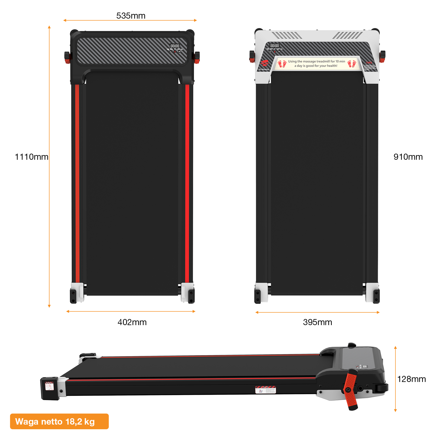 Wyświetlone wymiary bieżni. Widok z góry i z boku. Schemat kolorów czarny i czerwony. Tekst: Waga netto 18,2 kg.