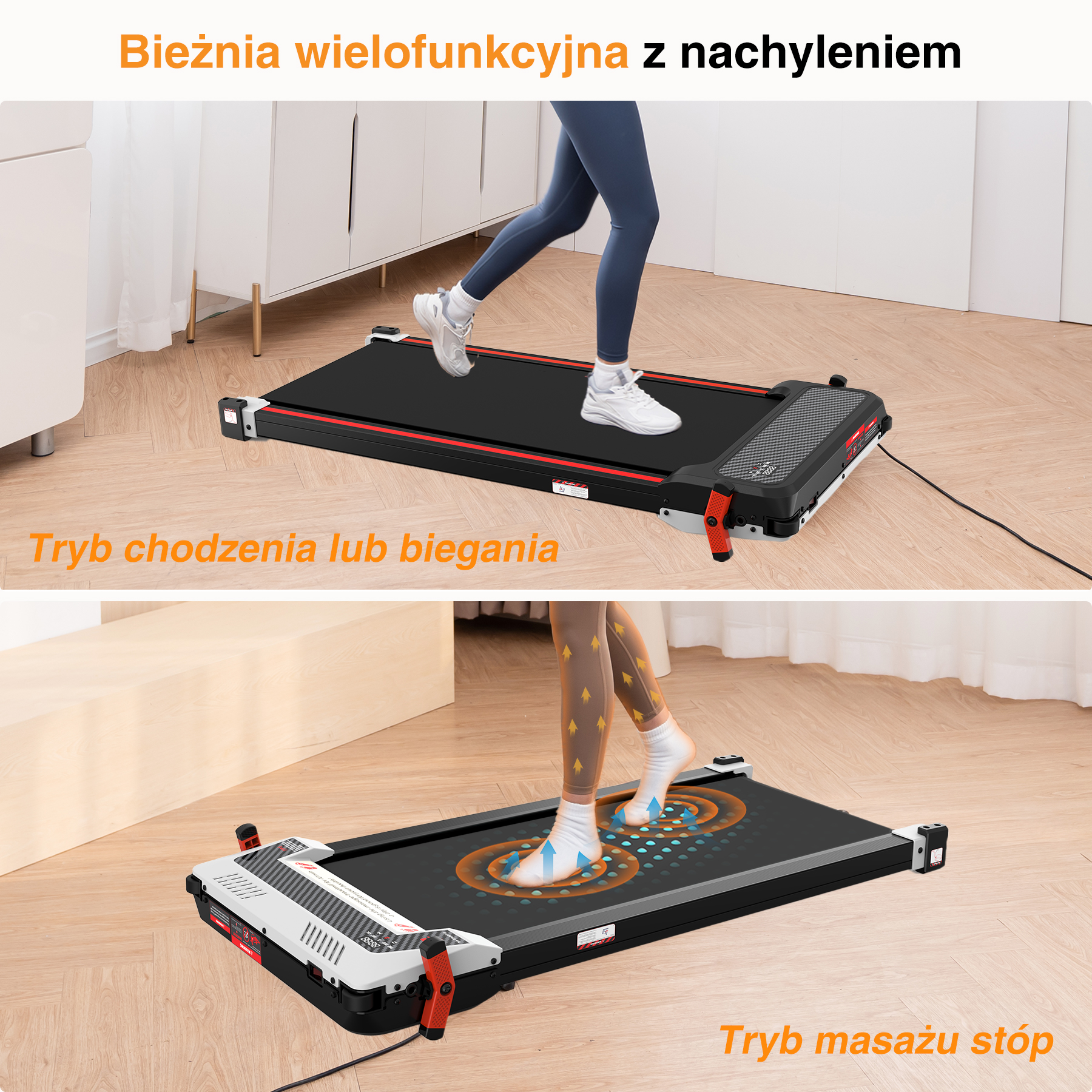 Funkcje bieżni: tryb chodzenia lub biegania, tryb masażu stóp. Osoba korzystająca z bieżni. Tekst: Wielofunkcyjna bieżnia z nachyleniem.