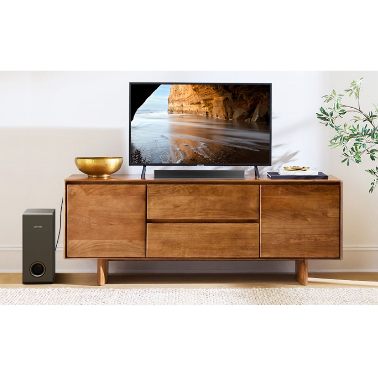 Tv op een houten kast, soundbar eronder. Een subwoofer staat links. Een gouden kom staat erop. Beige tapijt.