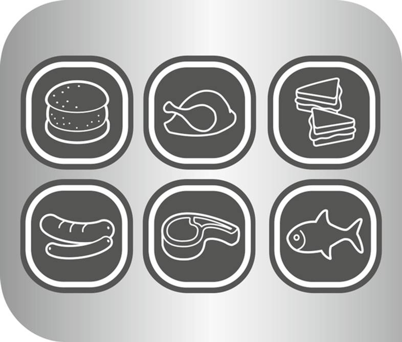 Sześć ikon jedzenia: burger, kurczak, kanapki, kiełbasa, stek i ryba, w zaokrąglonych szarych kwadratach na szarym tle.