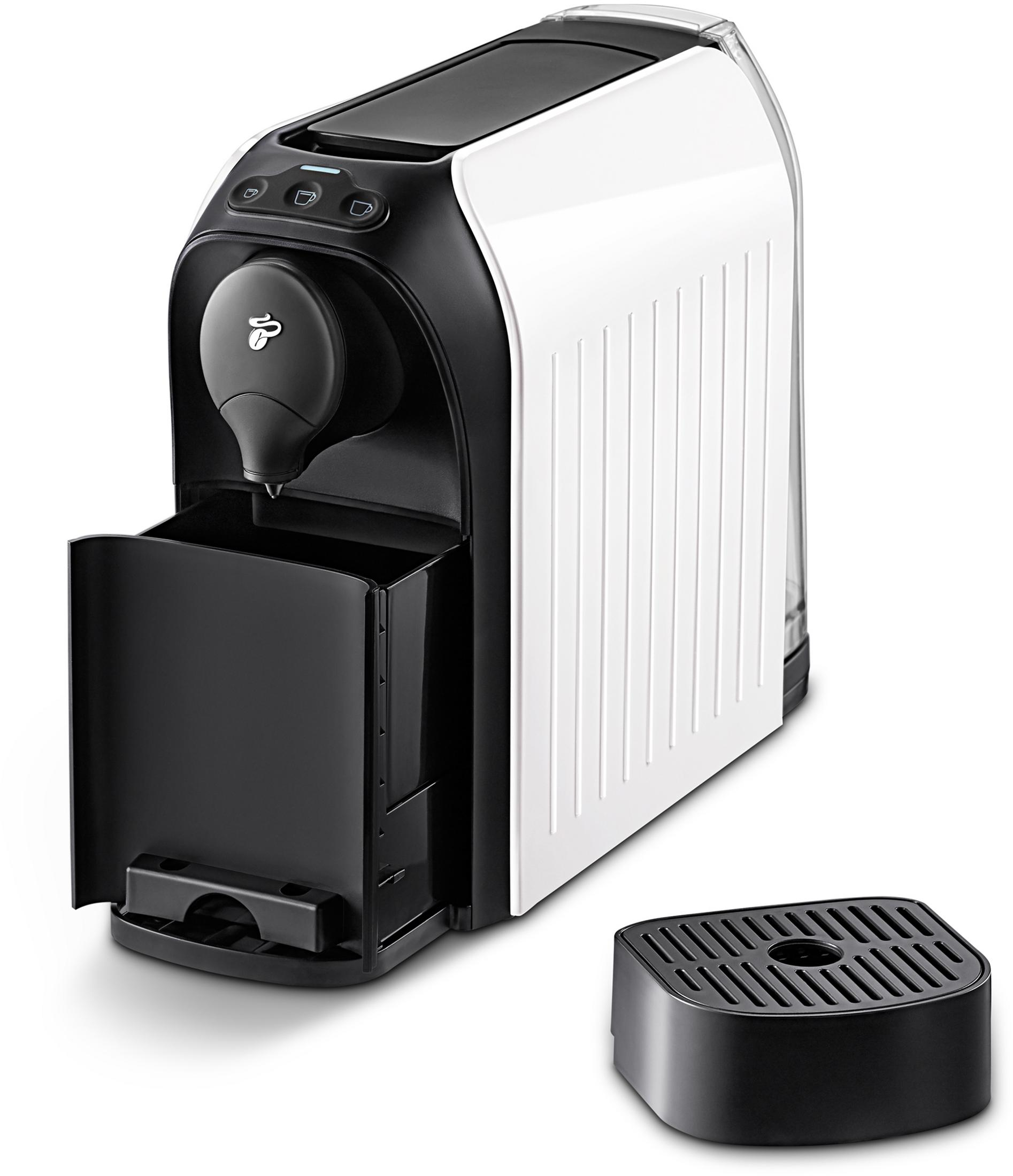 Weiß-schwarze Kaffeemaschine mit abnehmbarer schwarzer Tropfschale.