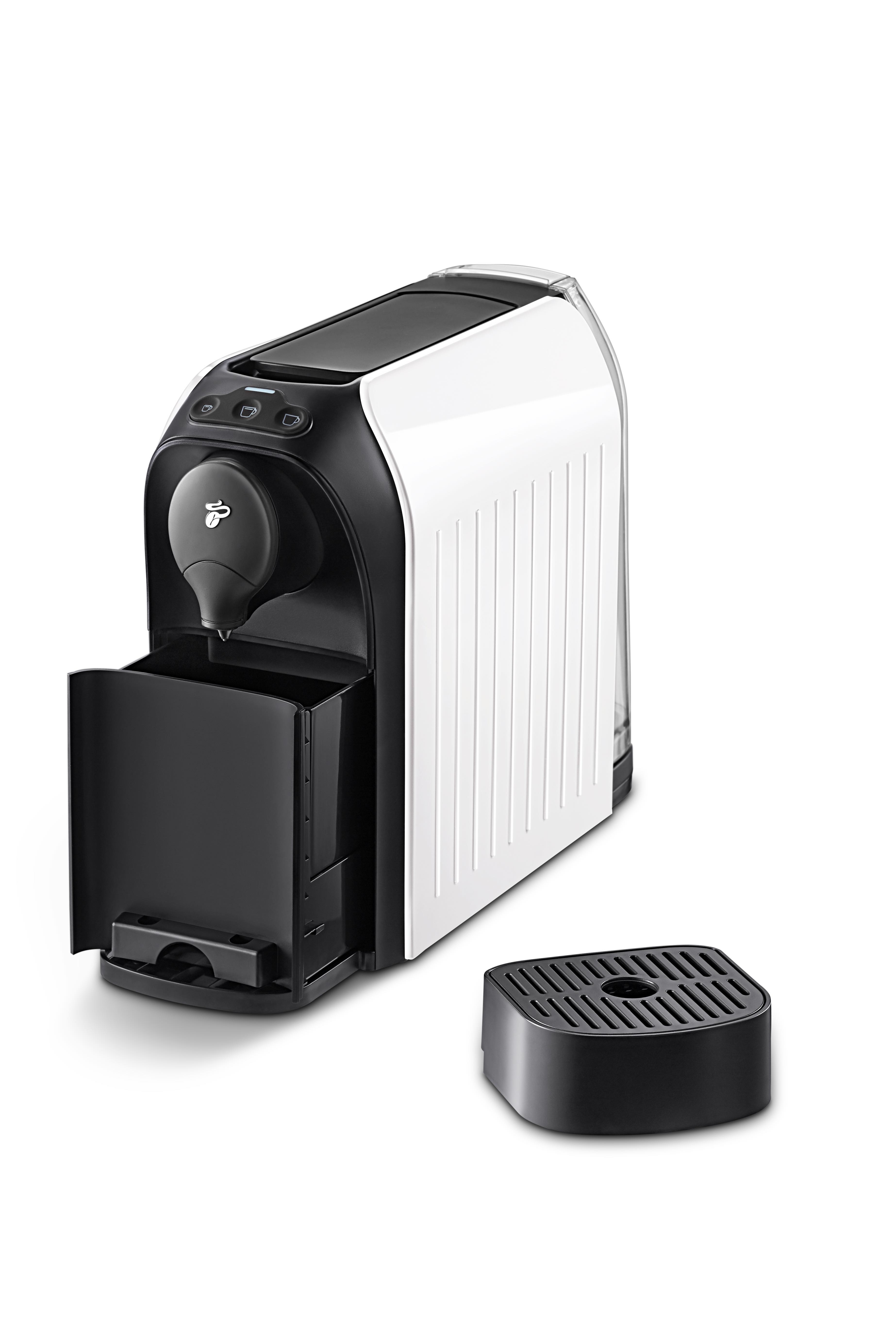 Weiß-schwarze Kaffeemaschine mit abnehmbarer schwarzer Tropfschale.