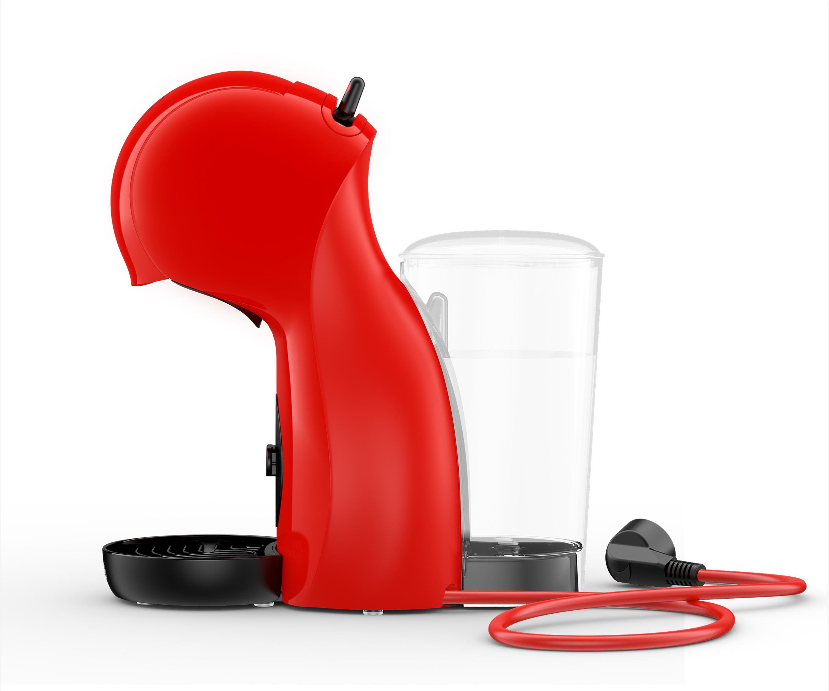 Czerwony ekspres do kawy z kablem zasilającym. Ma zbiornik na wodę i czarną podstawę.