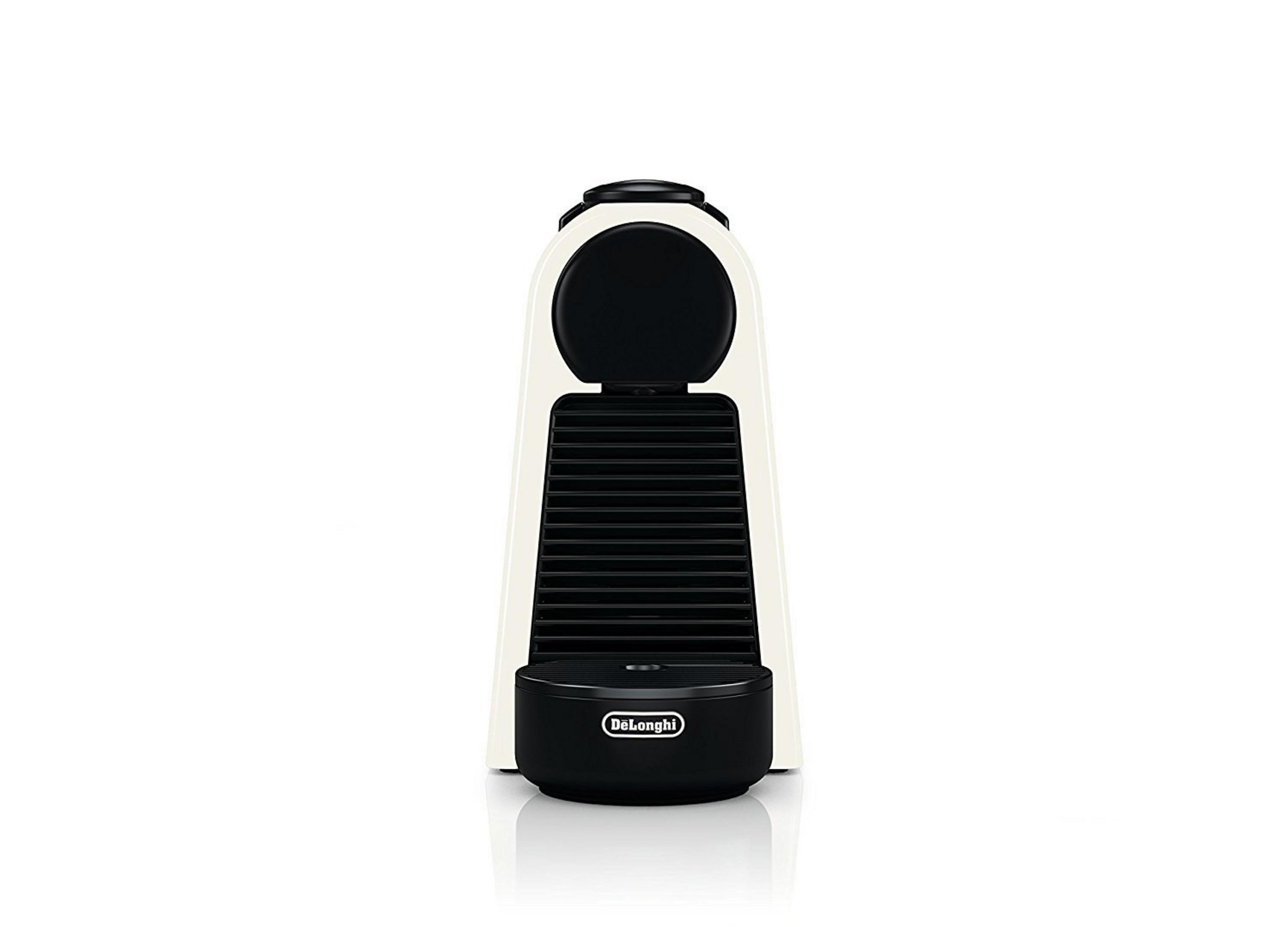 Macchina Nespresso color crema e nera. Base nera con logo Delonghi. Corpo bianco con griglia frontale nera.