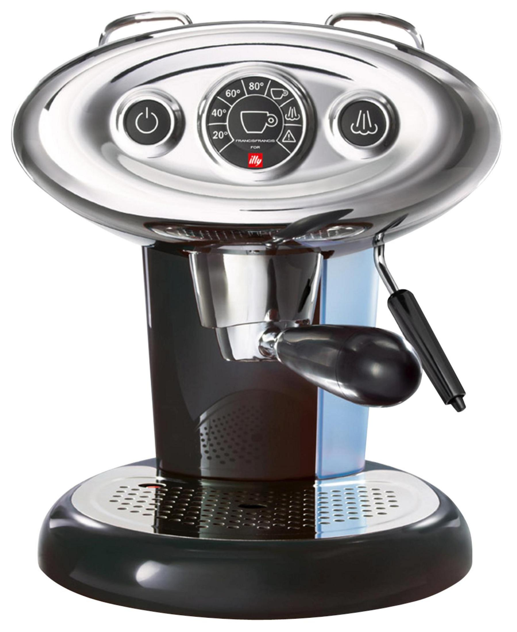 Srebrno-czarny ekspres do espresso z elementami sterującymi na górze. Posiada przyciski i wskaźnik temperatury.