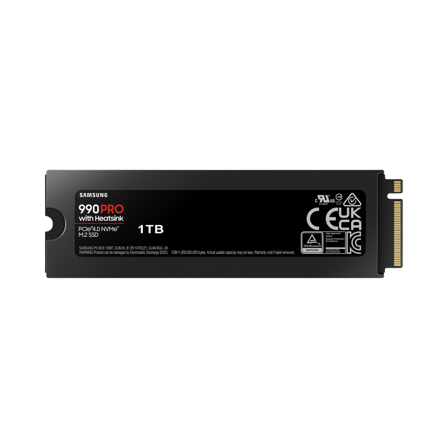 Czarny dysk SSD z radiatorem. Tekst: Samsung 990 Pro z radiatorem. 1 TB. PCle 4.0 NVMe M.2 SSD.
