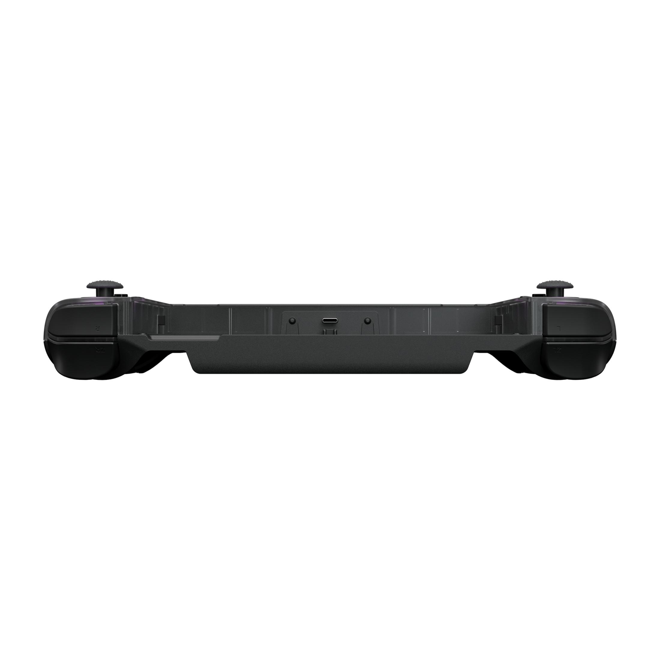 Schwarzer Controller. Draufsicht. Zwei Joysticks auf jeder Seite. USB-Anschluss in der Mitte.
