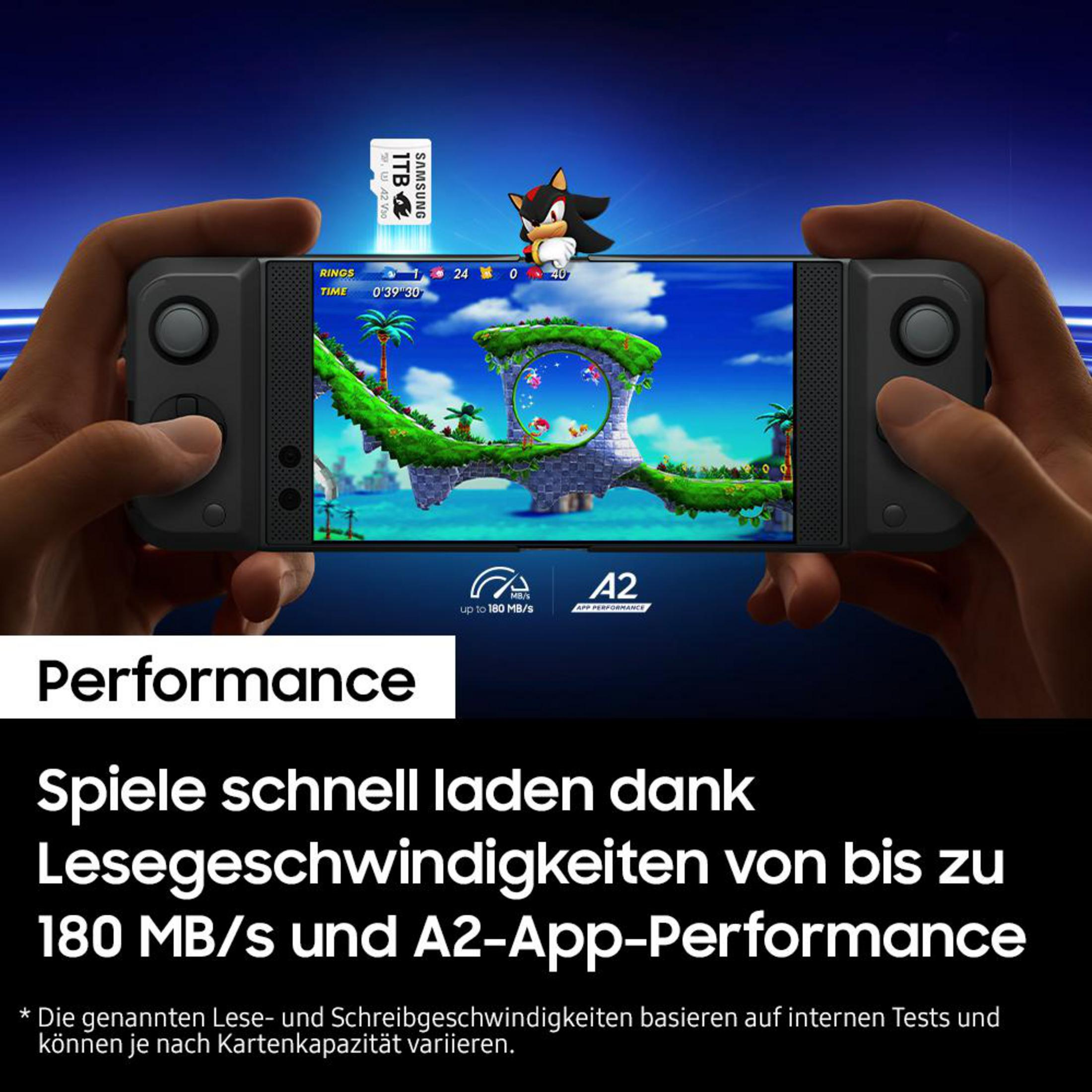 Osoba trzymająca przenośne urządzenie do gier gra w Sonic the Hedgehog. Pokazana jest karta SD Samsung.
