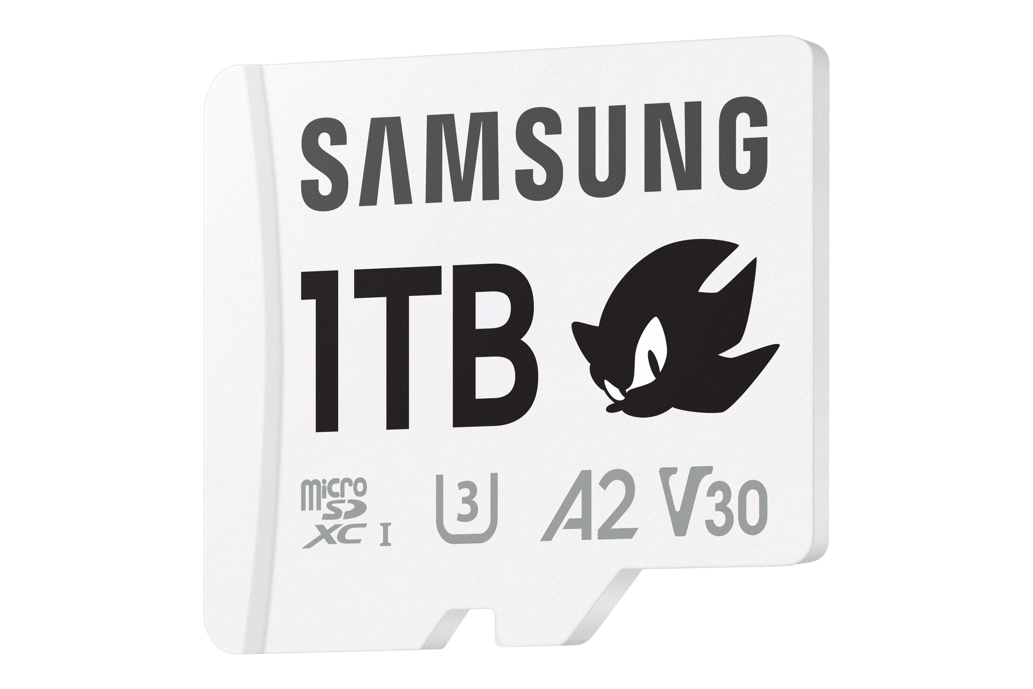 Biała karta microSD Samsung, 1TB, czarna sylwetka Sonica.