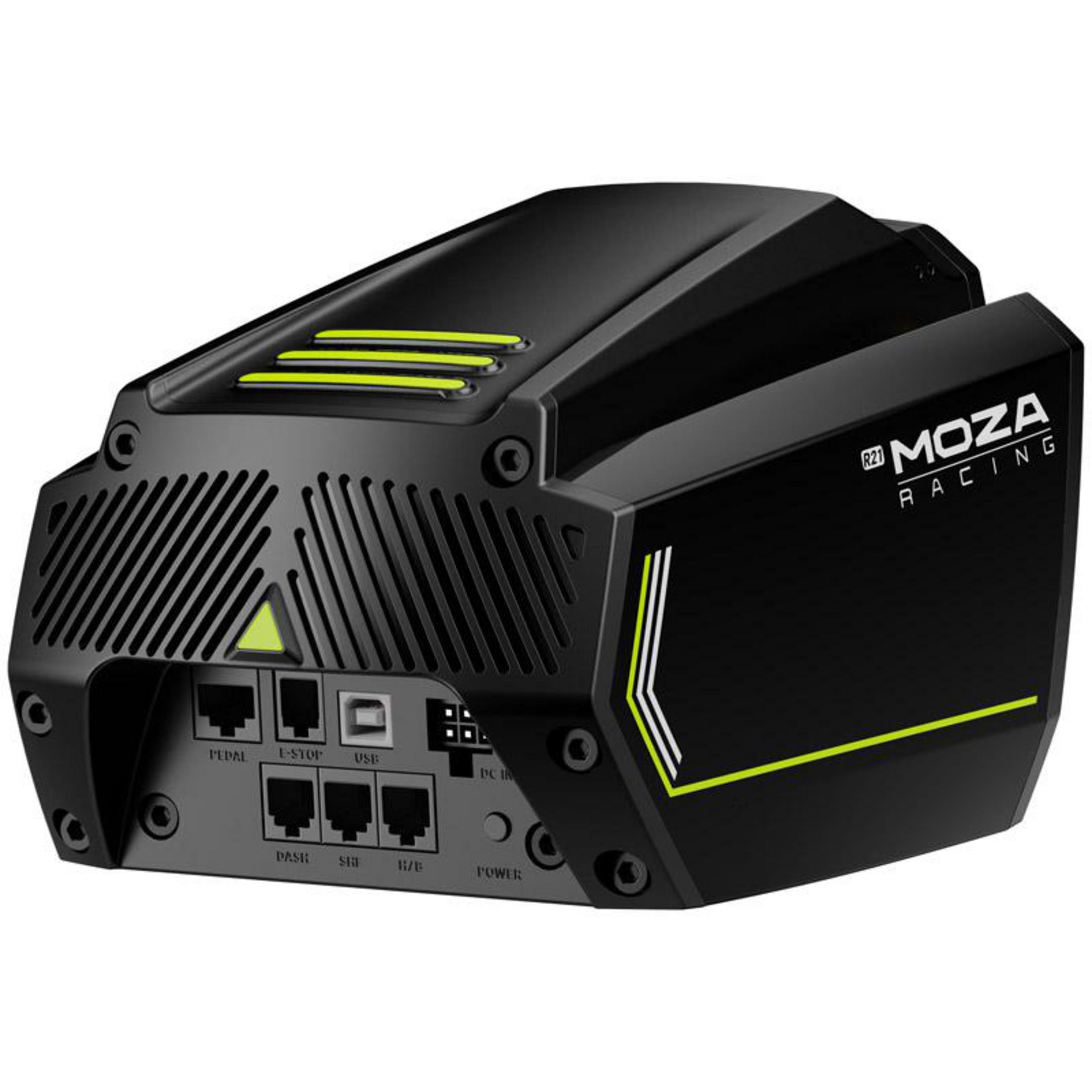 Appareil noir Moza Racing avec des rayures jaunes. Possède plusieurs ports. Base de volant.