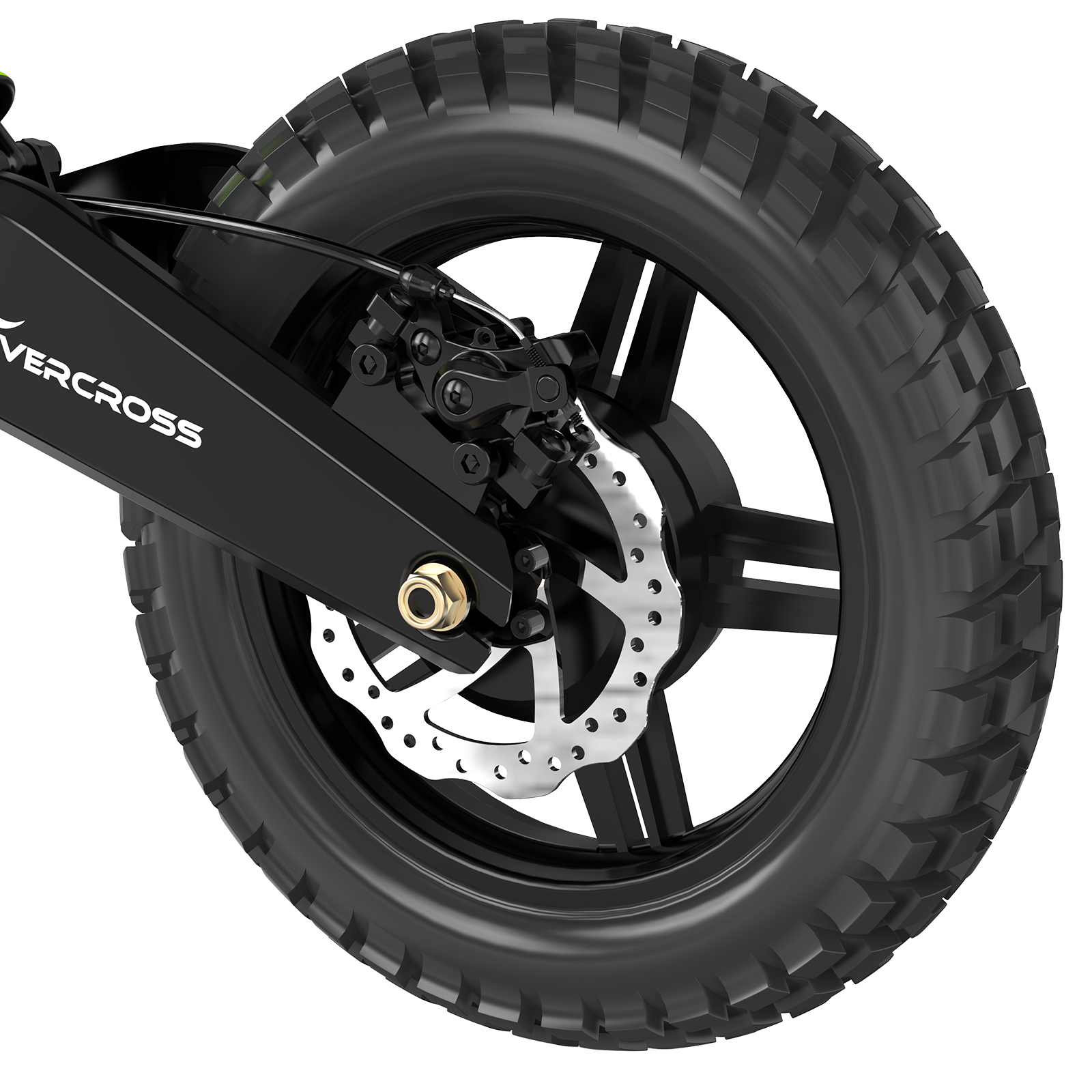 Zbliżenie czarnej opony motocykla terenowego i hamulca tarczowego na białym tle. Logo Overcross.