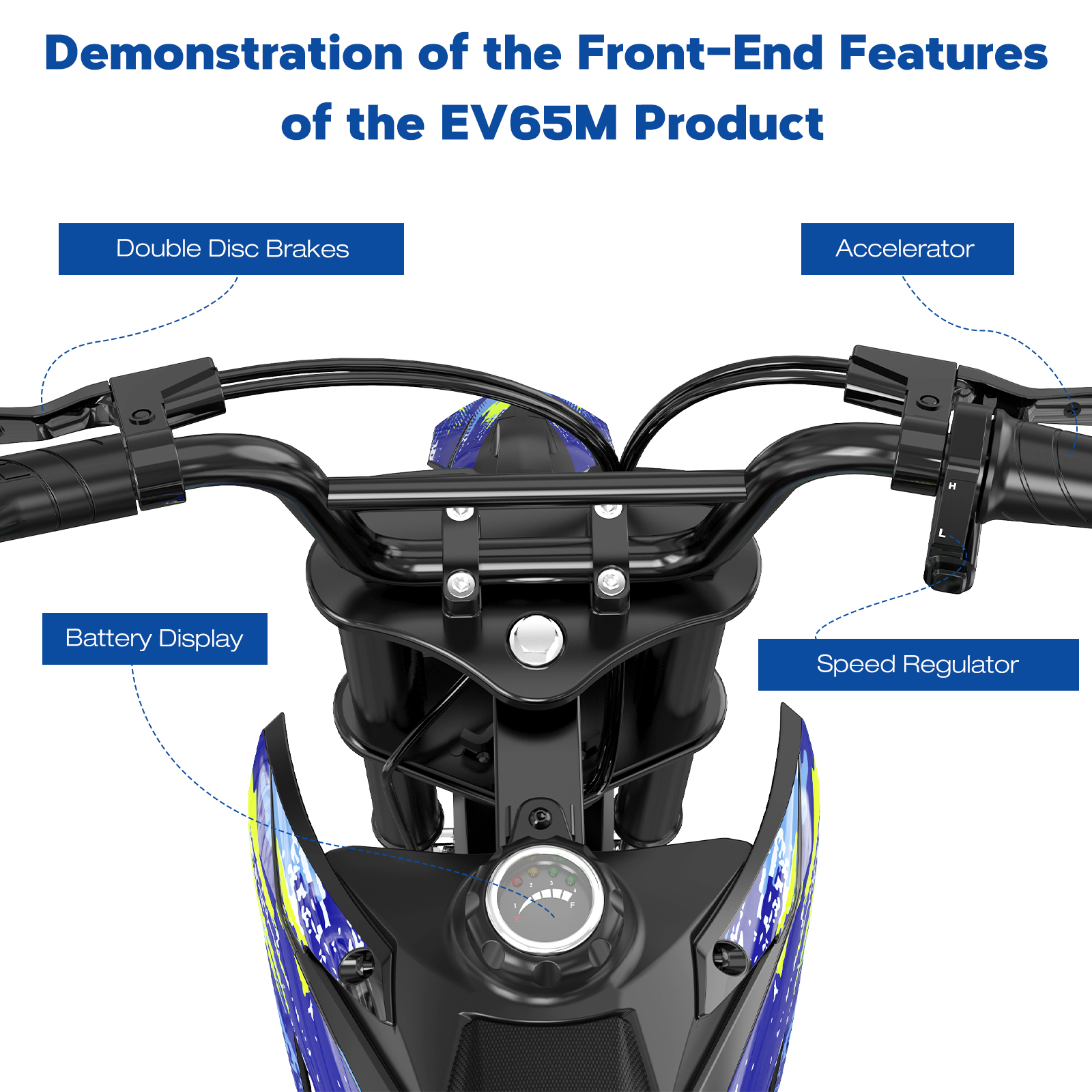 Primer plano de los controles delanteros de una mini moto de cross negra y azul. Incluye frenos de disco dobles.