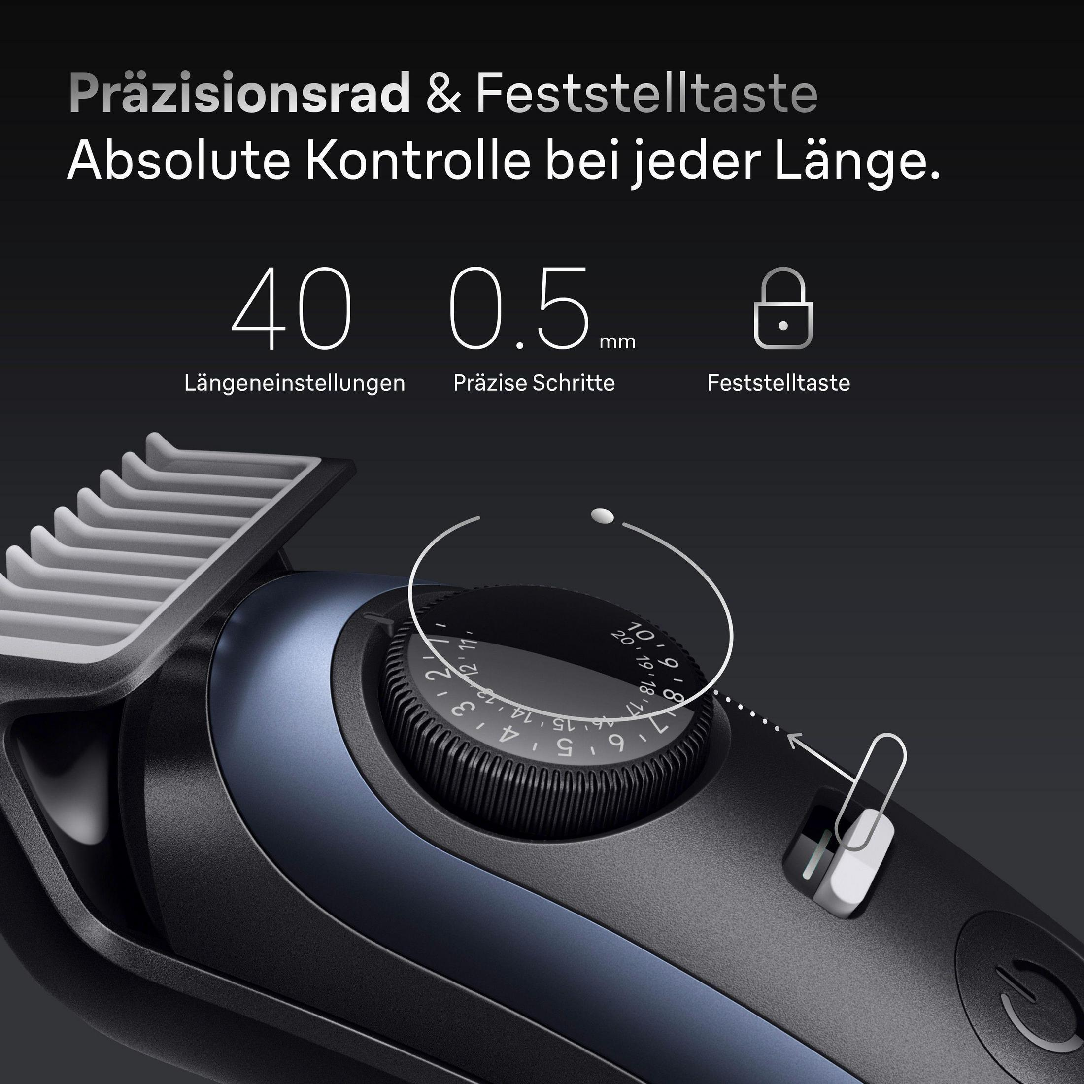 Zbliżenie czarno-niebieskiego trymera z pokrętłem regulacji i przyciskiem blokady. Tekst wskazuje ustawienia długości.