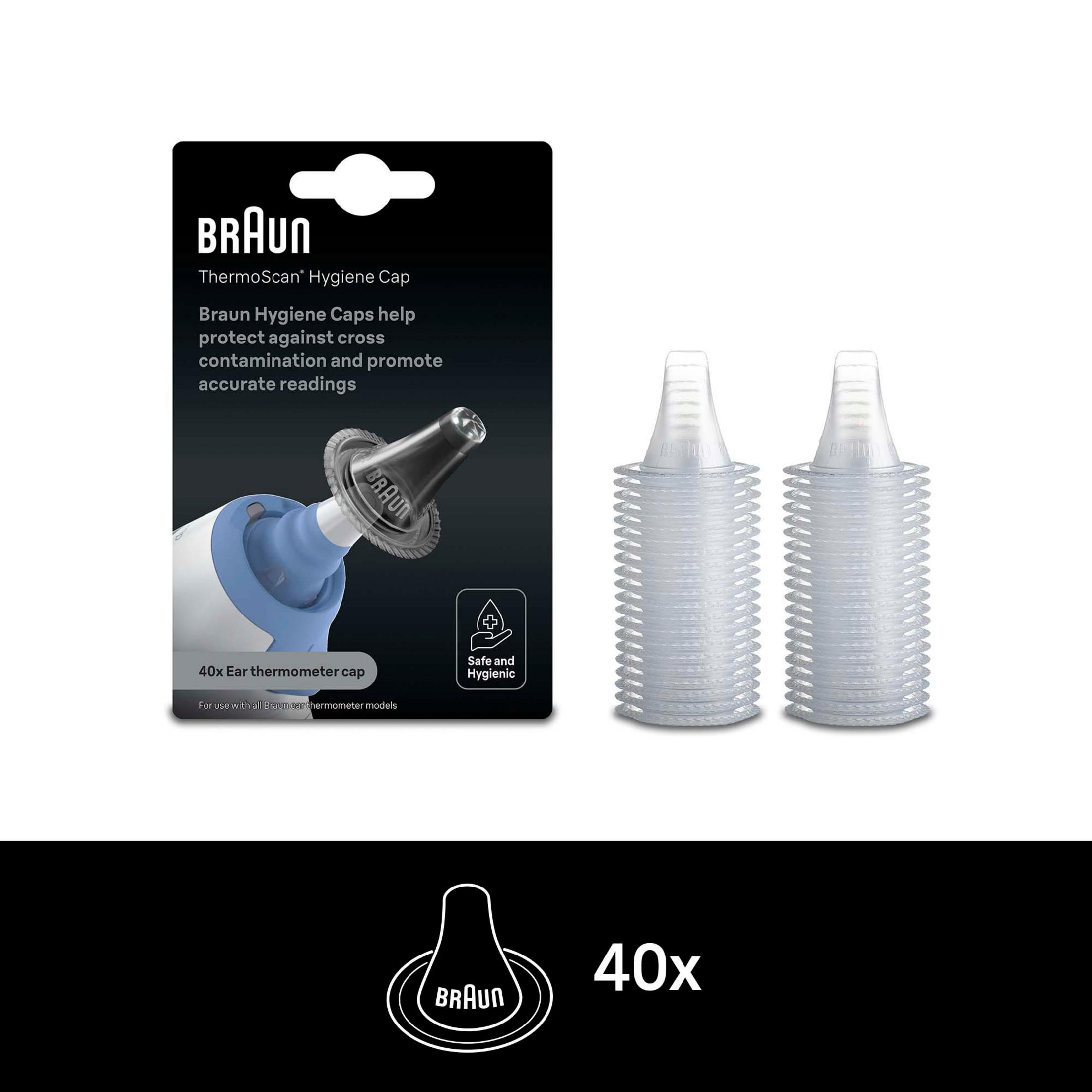 Una confezione di cappucci igienici Braun ThermoScan. Sono esposte due pile di cappucci.