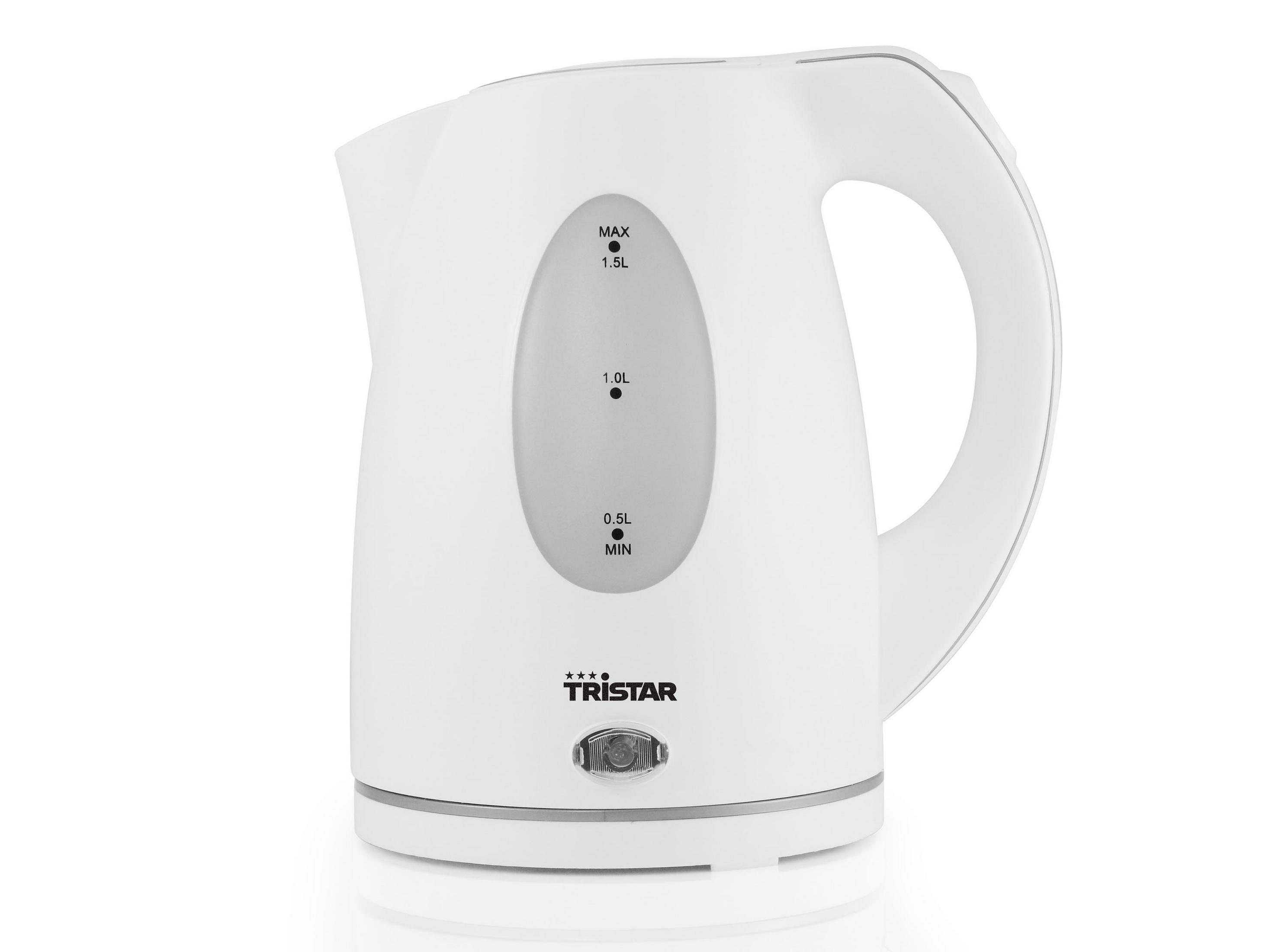 Biały czajnik elektryczny ze wskaźnikiem poziomu wody, czarnym uchwytem i marką 'TRISTAR'.