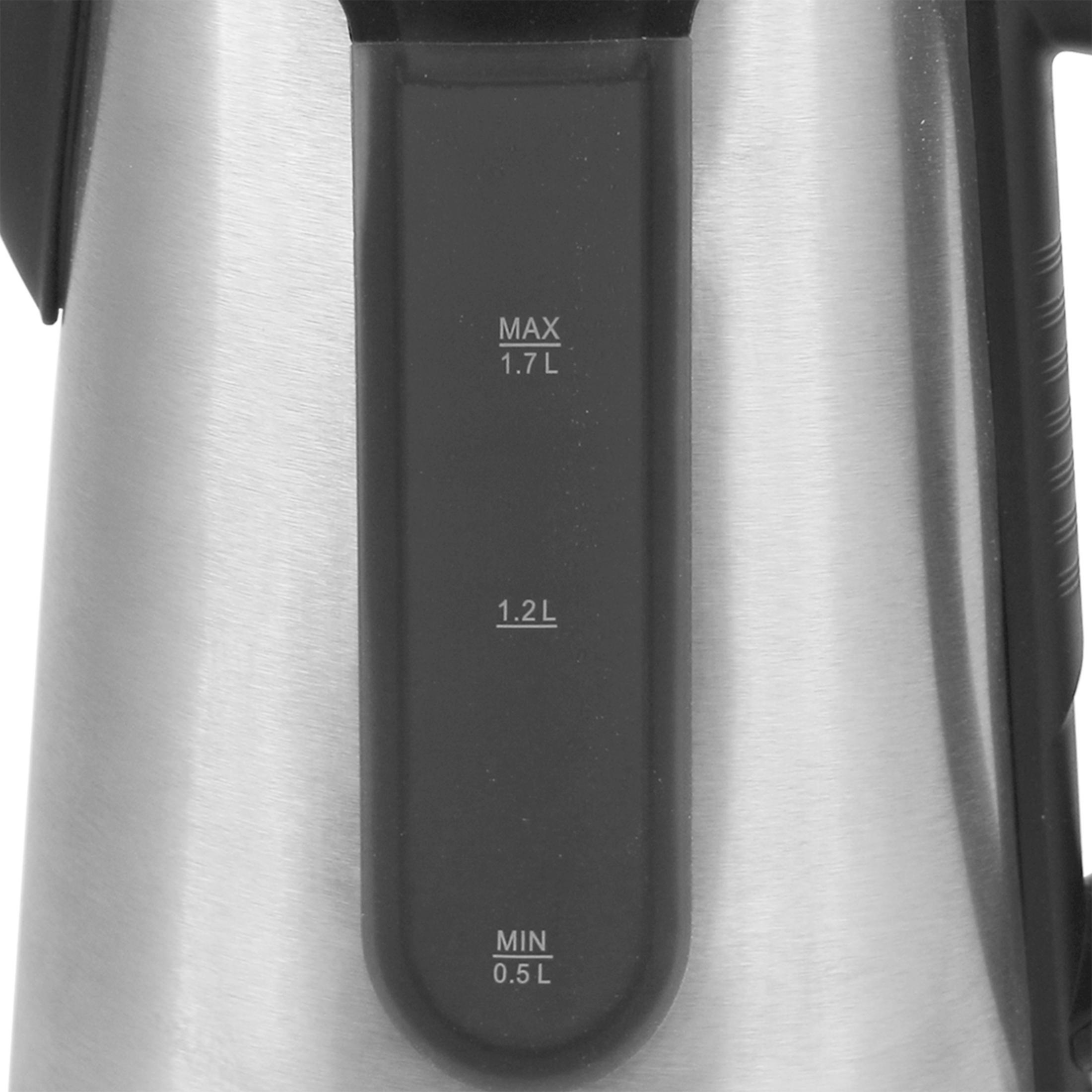 Nahaufnahme einer Wasserstandsanzeige aus Edelstahl. Text: MAX 1,7 L, MIN 0,5 L.
