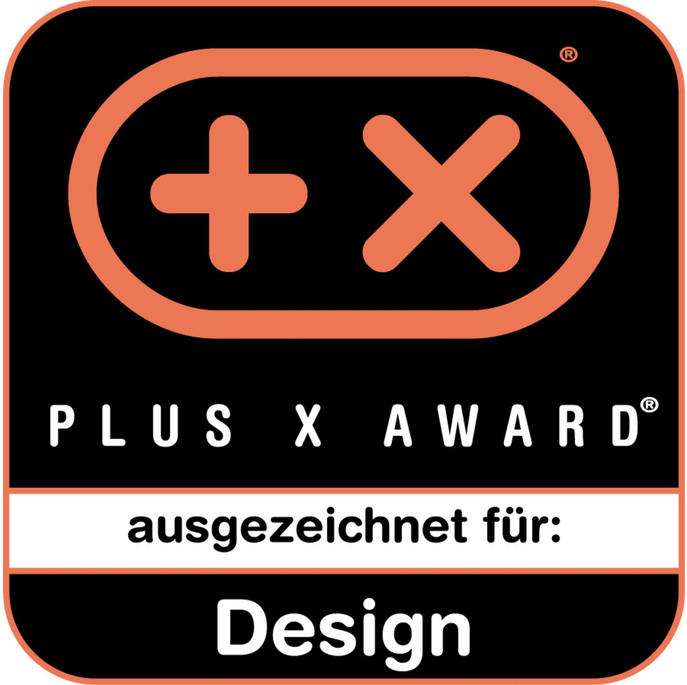 Plus X Award Logo. Enthält ein Plus- und Kreuzsymbol in einem orangefarbenen Oval.