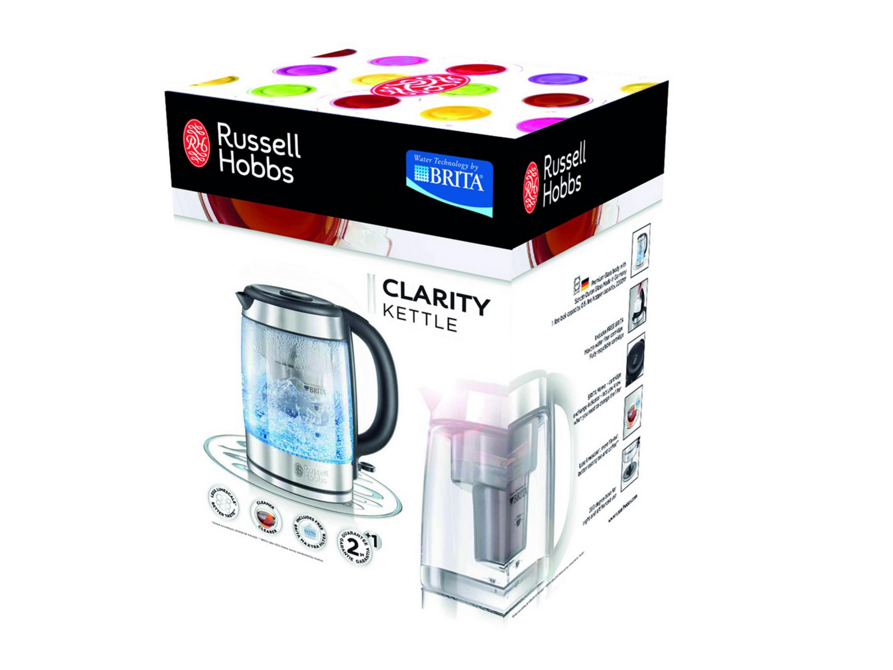 Karton eines Wasserkochers und eines Wasserfilters. Die Box ist weiß mit bunten Punkten und Produktbildern.