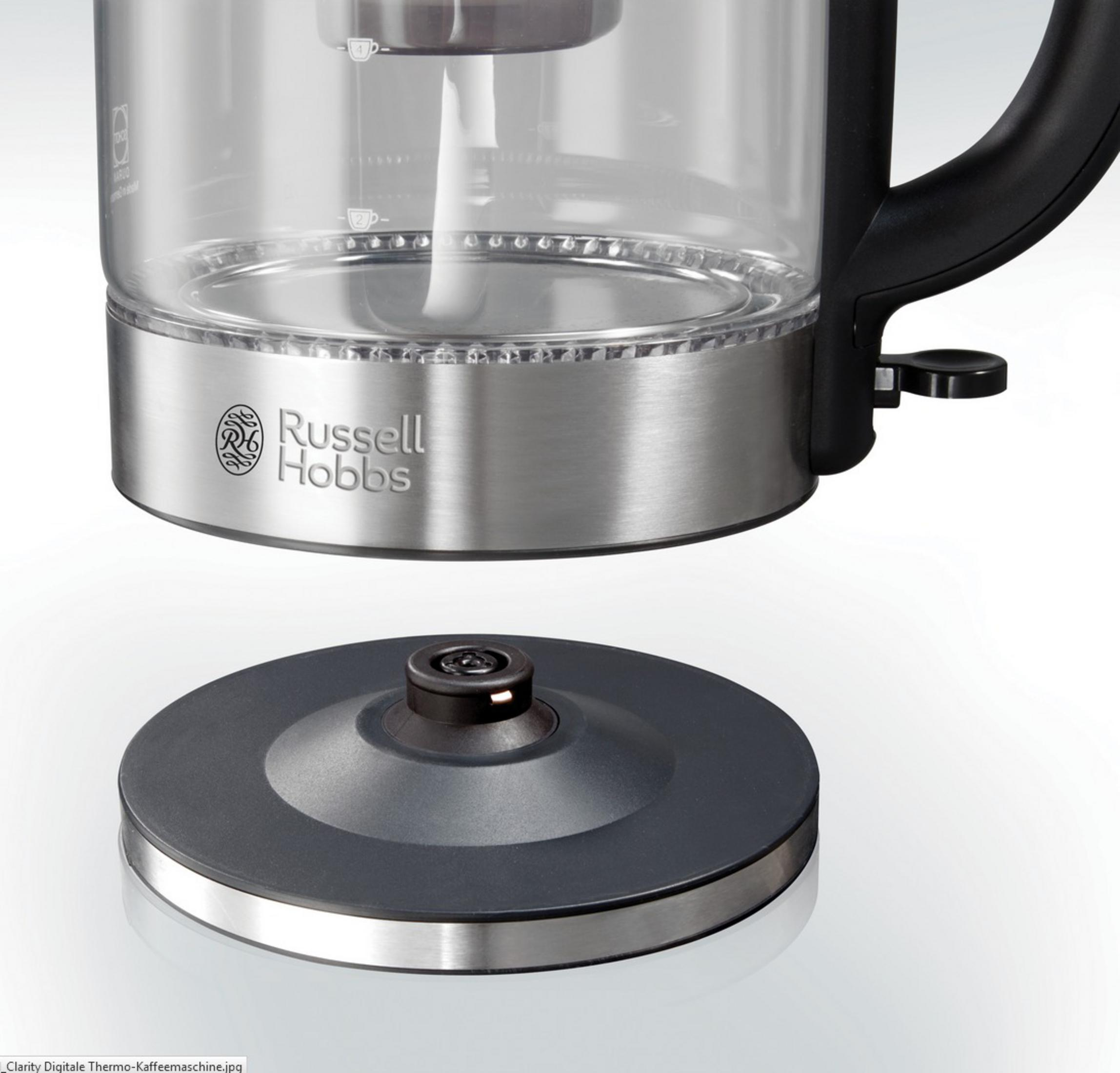 Russell Hobbs Wasserkocherfuß. Die Basis ist schwarz und vom Wasserkocher getrennt.