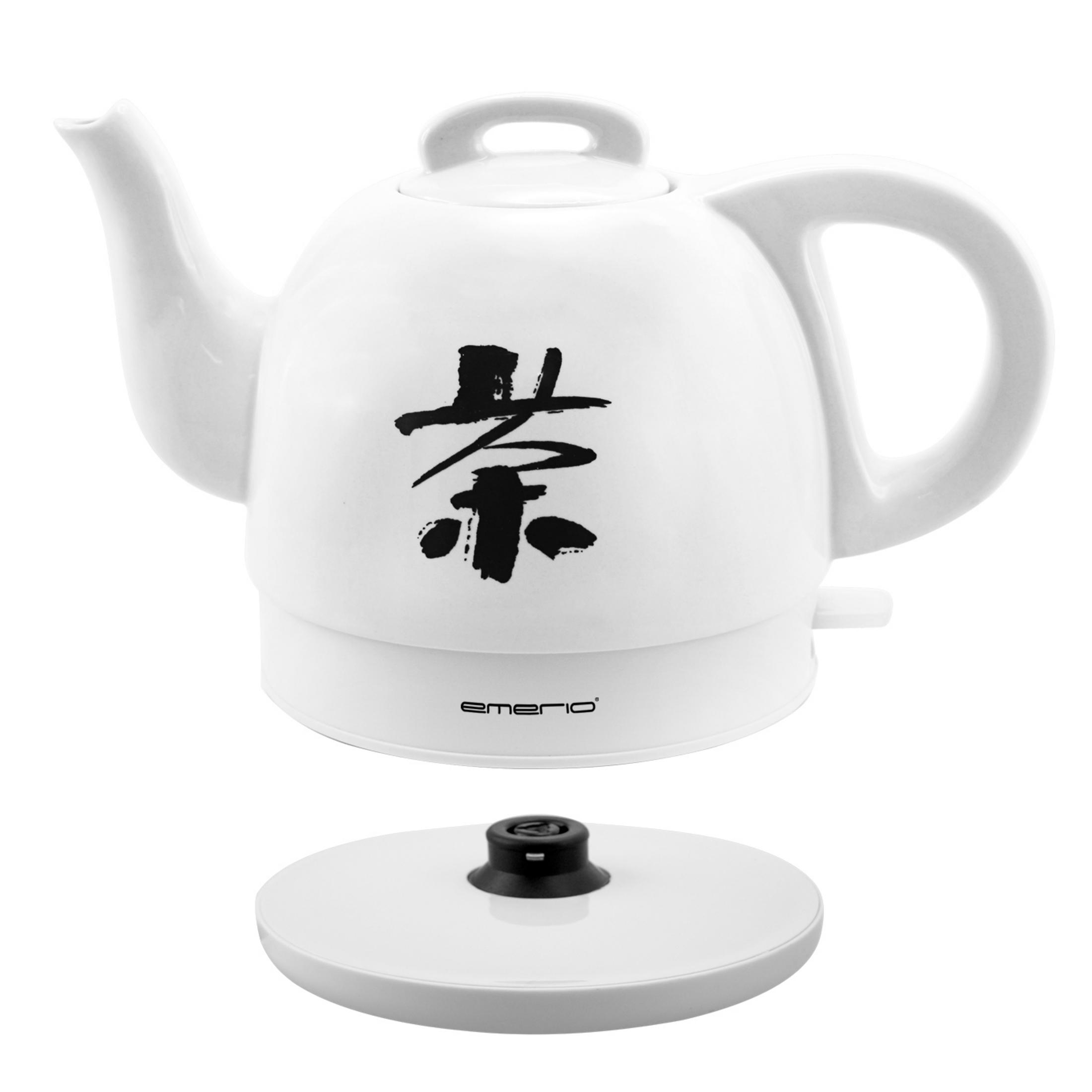 Weißer elektrischer Teekessel mit chinesischen Schriftzeichen. Isoliert auf weißem Hintergrund.