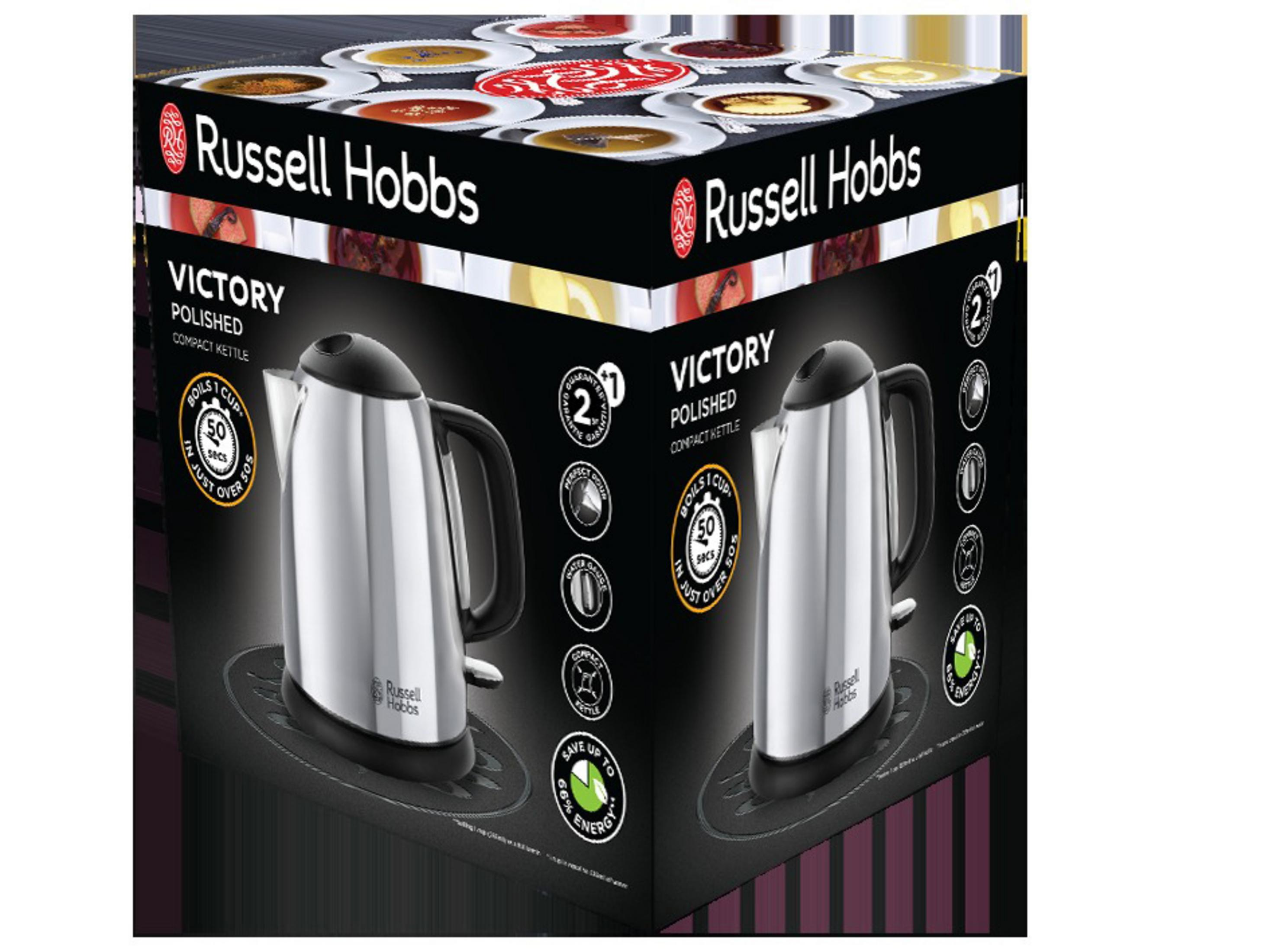 Zapakowany czajnik Russell Hobbs, widok z przodu, ze zdjęciami czajnika i tekstem o produkcie.