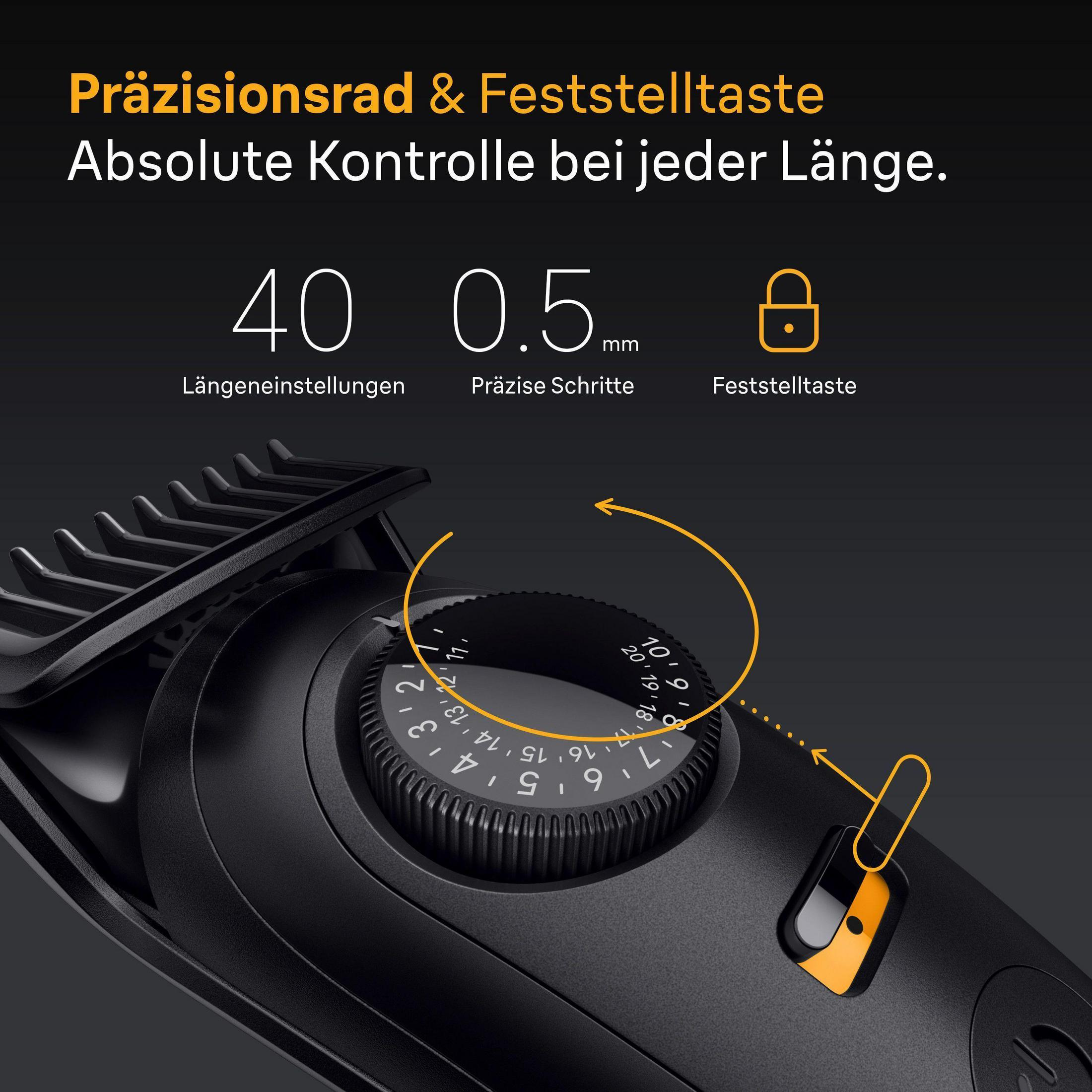 Zbliżenie na czarne pokrętło trymera. Liczby dla długości, precyzja 0,5 mm, symbol zamka.