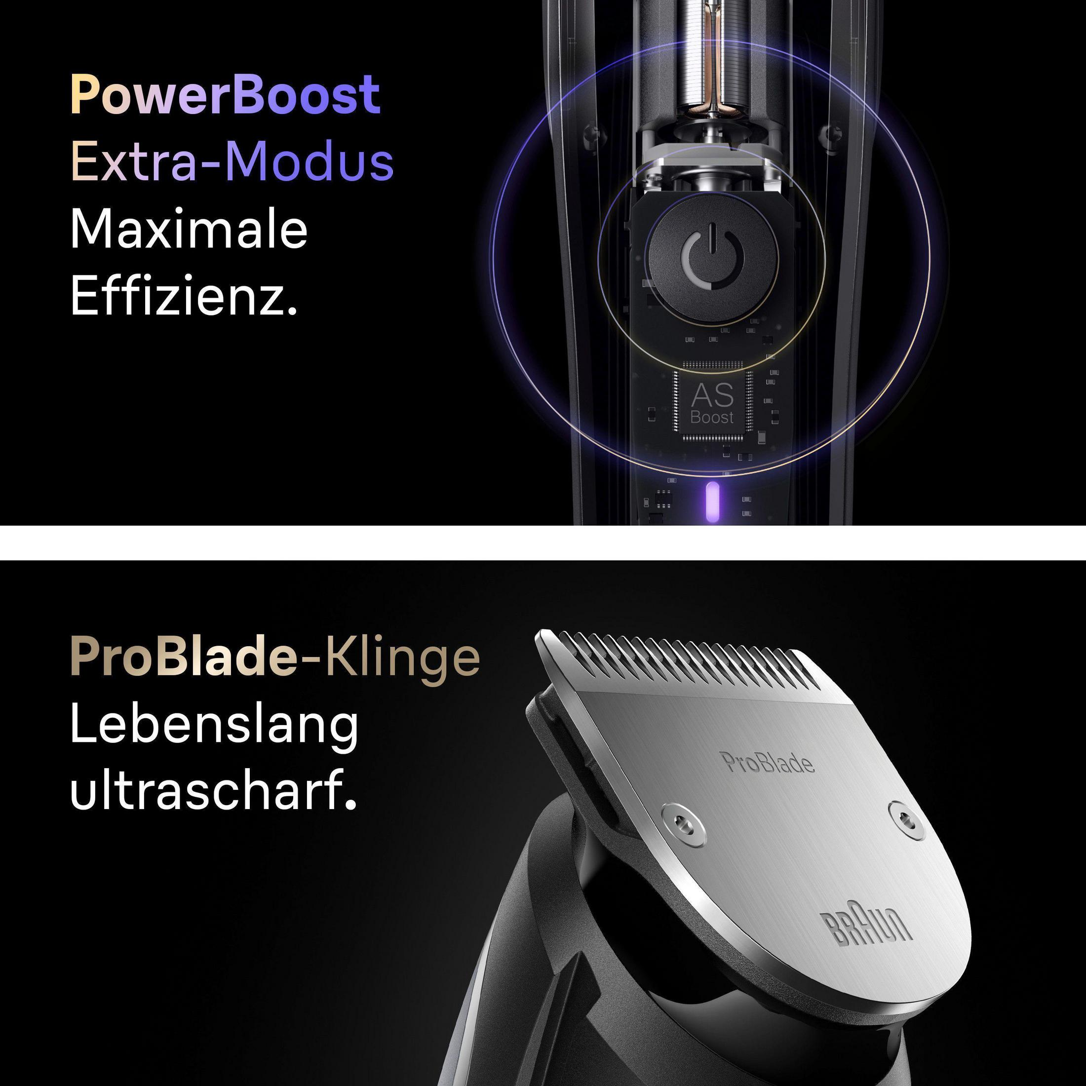 Zbliżenie czarnej golarki elektrycznej z tekstem PowerBoost, Extra-Modus i Maximale Effizienz.