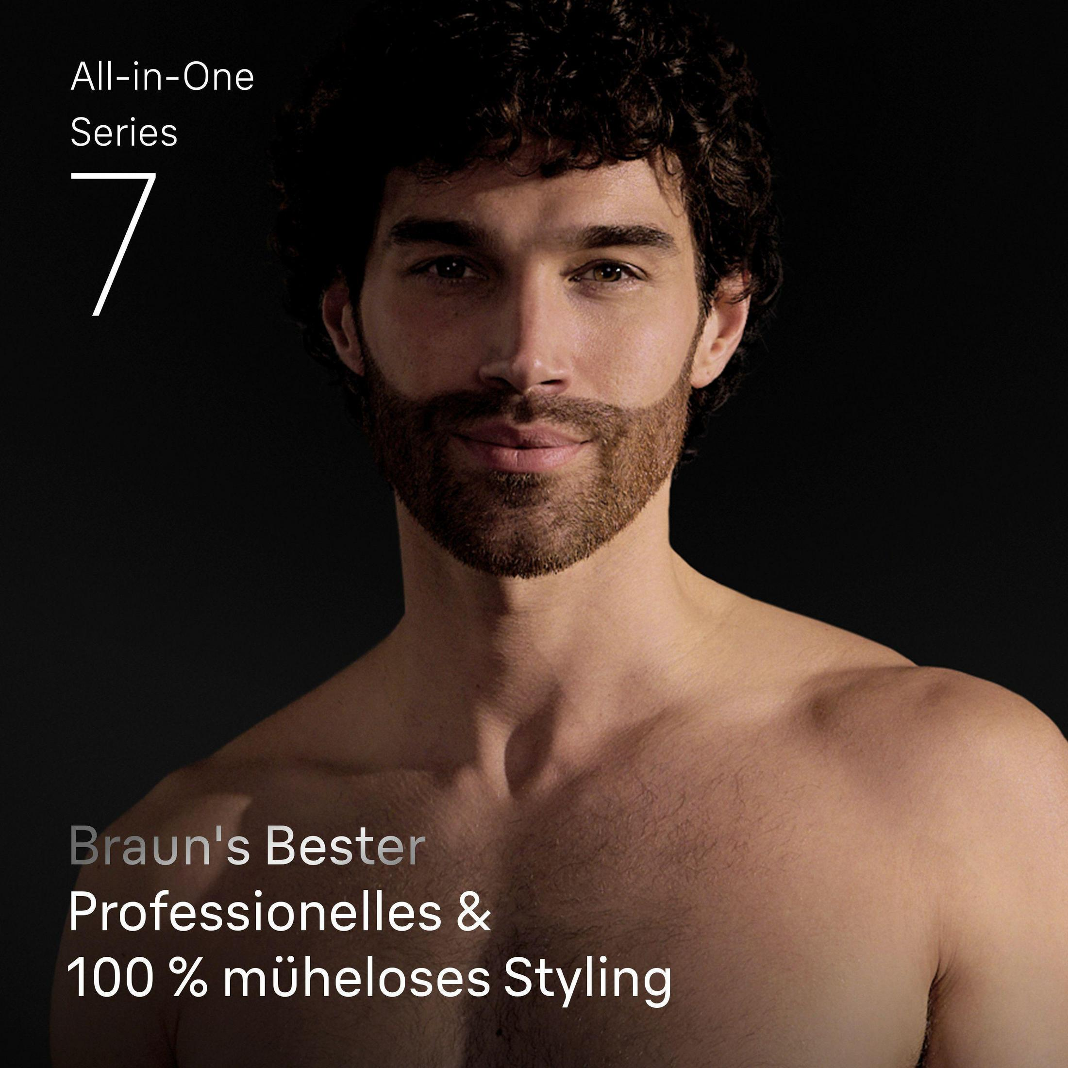 Pokazano mężczyznę z brodą. Tekst: "All-in-One Series 7". Tekst: "Braun's Bester Professionelles & 100 % müheloses Styling."