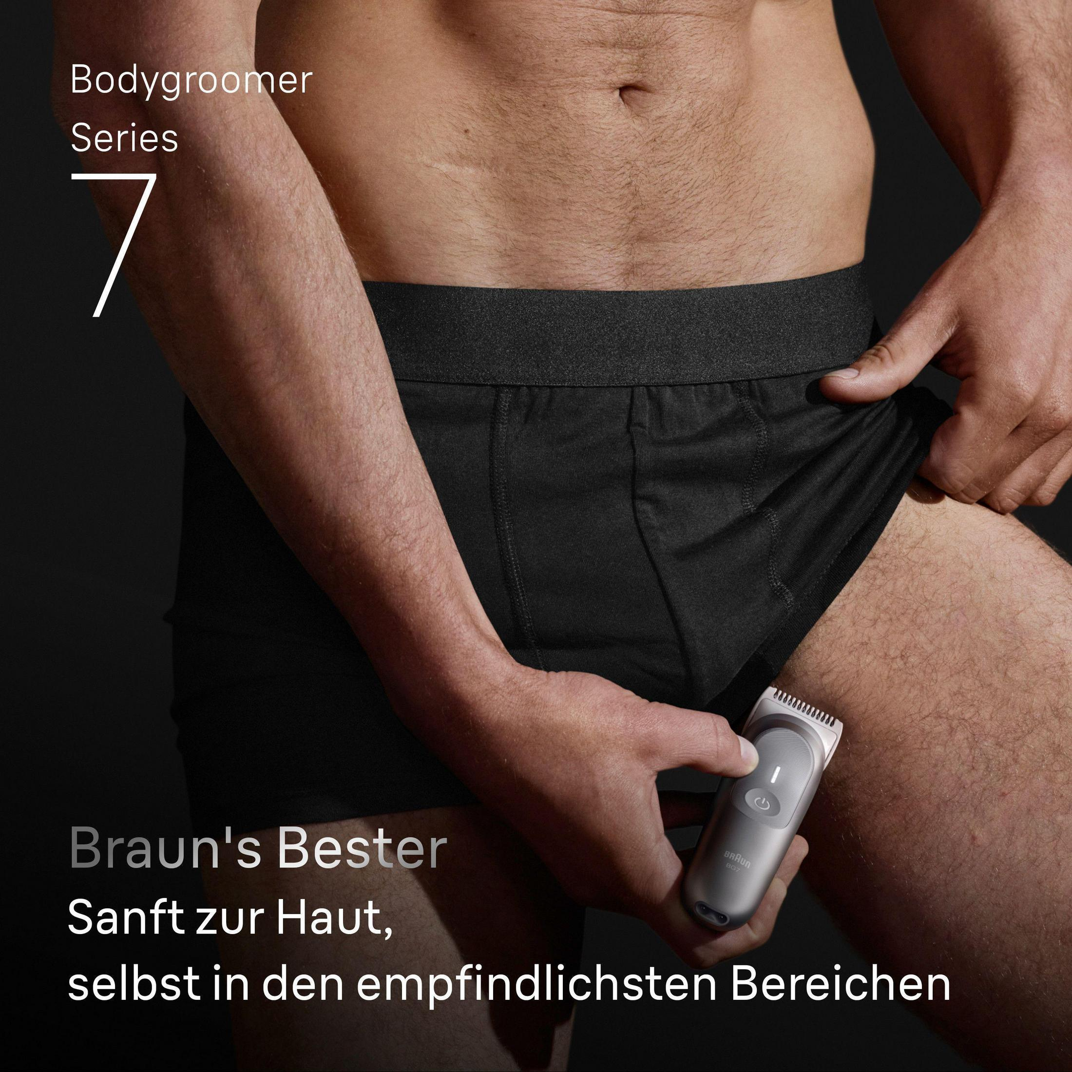 A man trims his body hair with a grey and white bodygroomer. Text says: Bodygroomer Series 7.